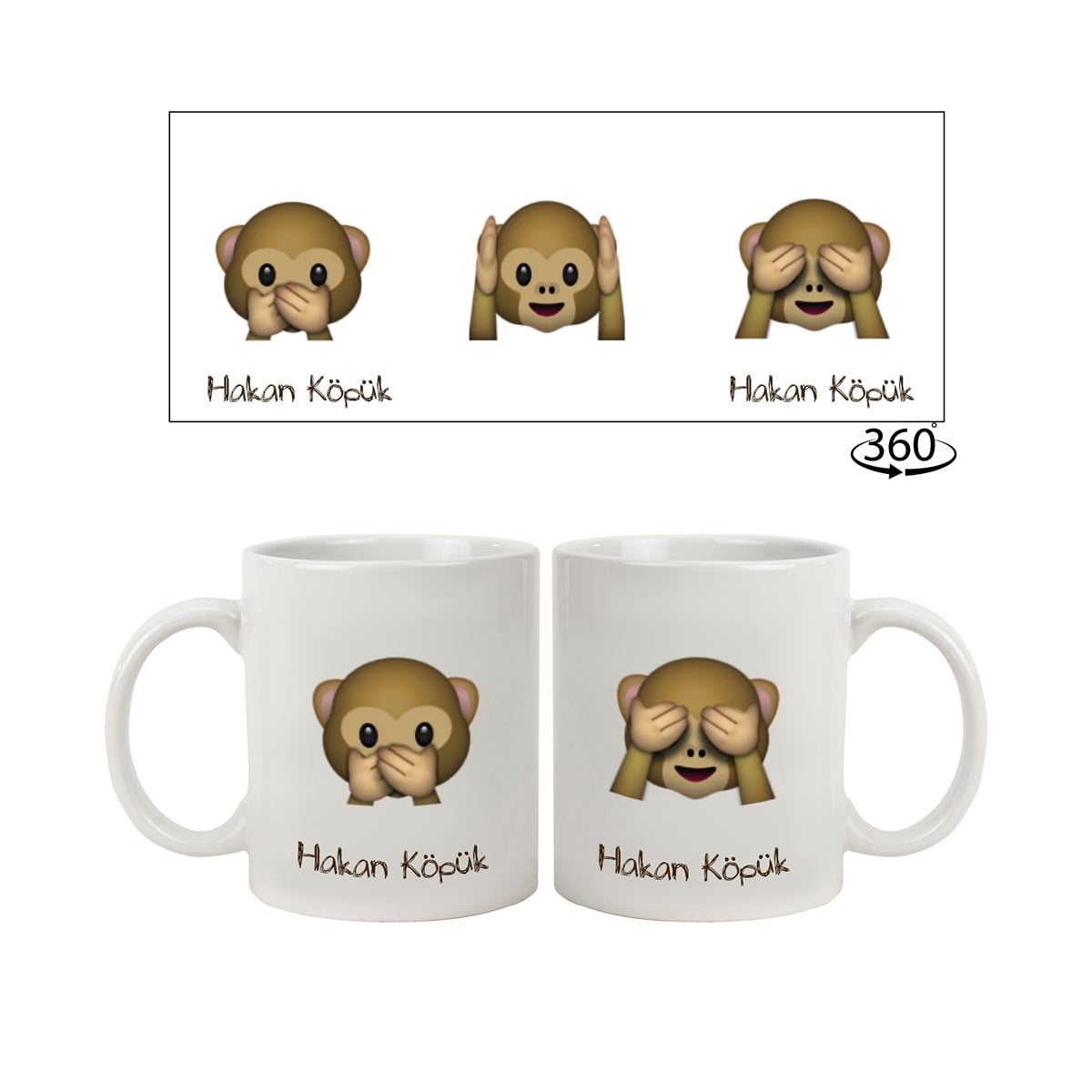 İsme Özel Üç Maymun Emojili Kupa Bardak
