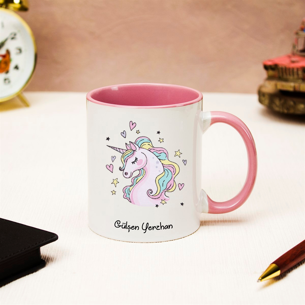 İsme Özel Unicorn Temalı Defter Kupa Bardak Seti - Pembe