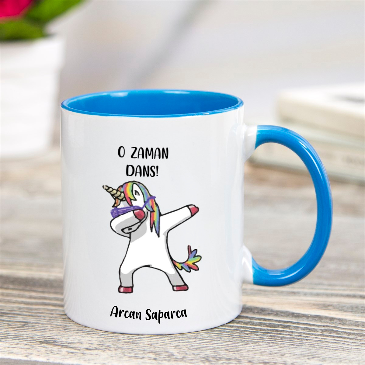 İsme Özel Unicorn Temalı Kupa Bardak - Mavi Kulplu