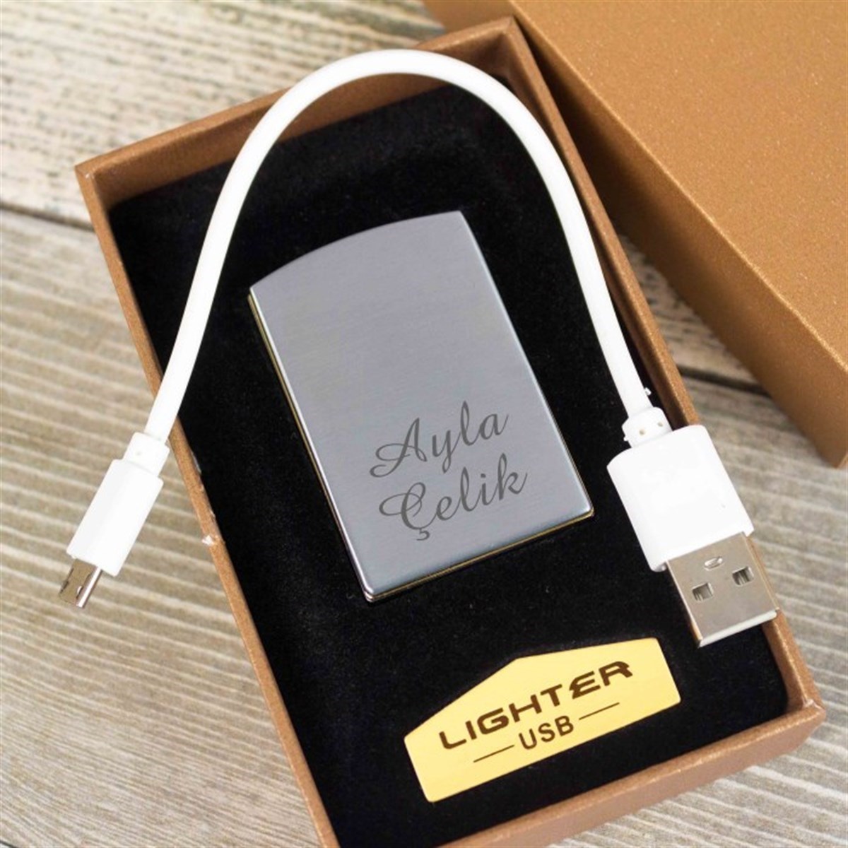 İsme Özel Usb Şarjlı Rezistanslı​ Metal Çakmak Füme