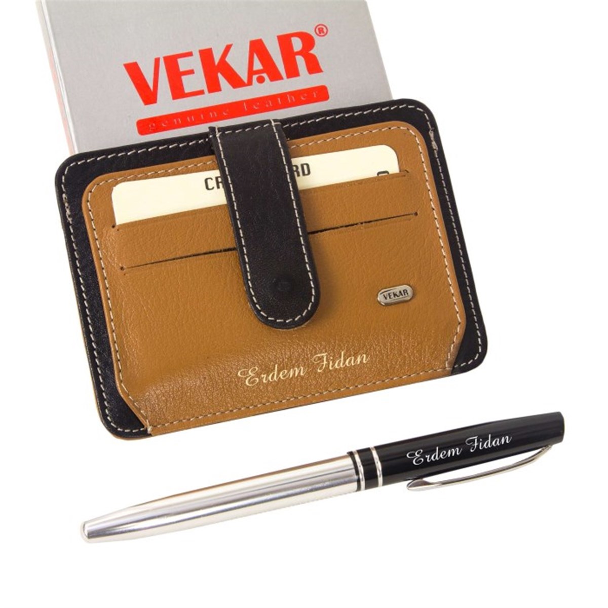 İsme Özel Vekar Deri Çıtlı Yeni Nesil Kartlık Cüzdan Siyah Üzeri Taba V03