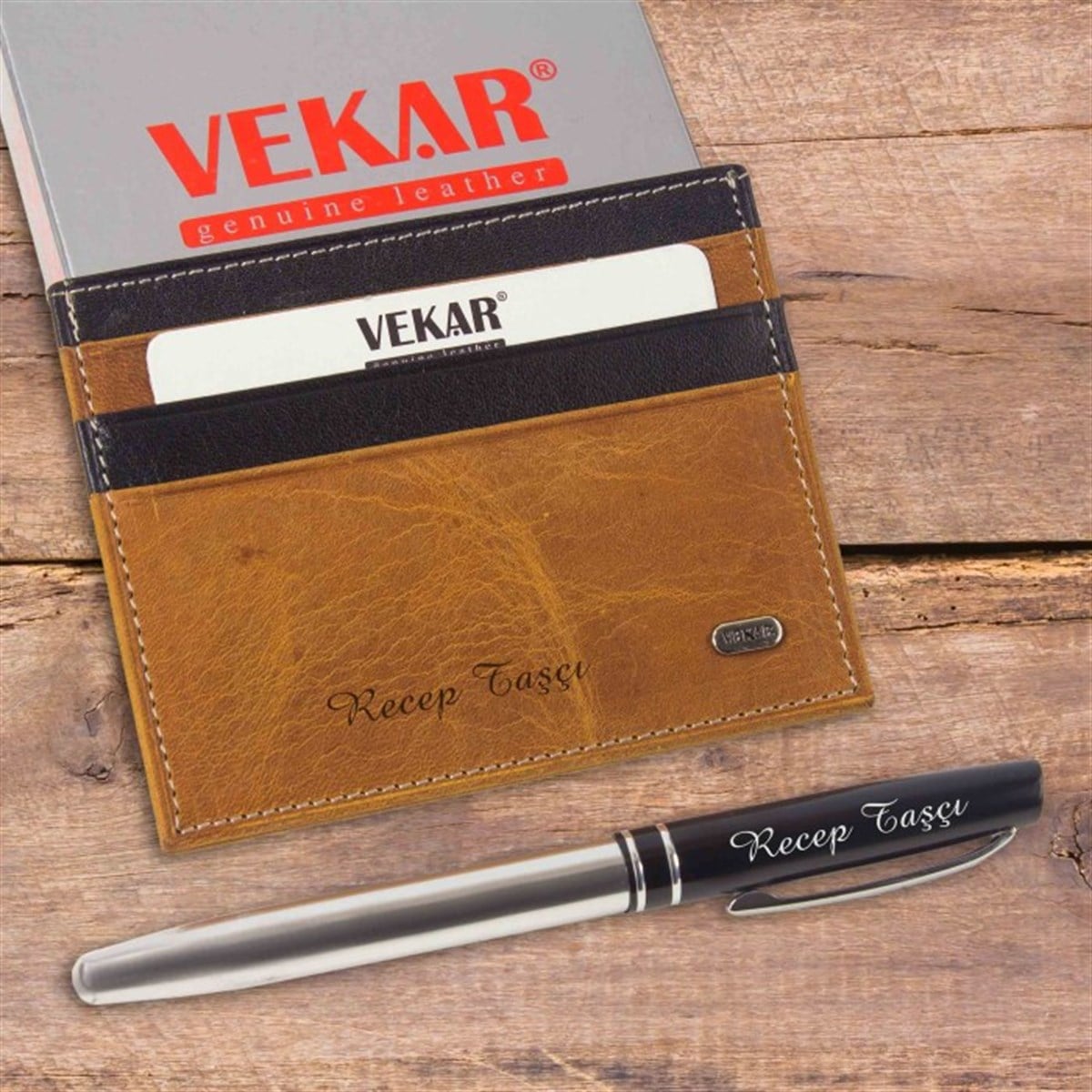 İsme Özel Vekar Deri İnce Tasarımlı Kartlık Siyah Üzeri Taba