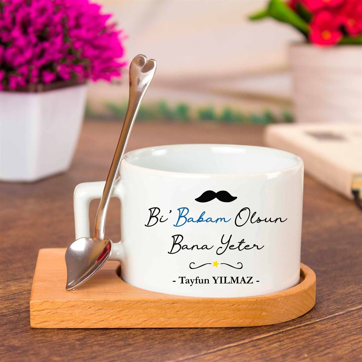 İsme Özel Ahşap Tepsili Kahve Çay Fincanı Seti - Bi Babam Olsun Bana Yeter