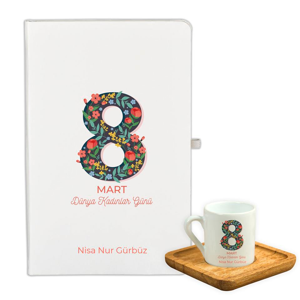 Kadınlar Günü Özel Defter Kalem ve Ahşap Tepsili Fincan Seti