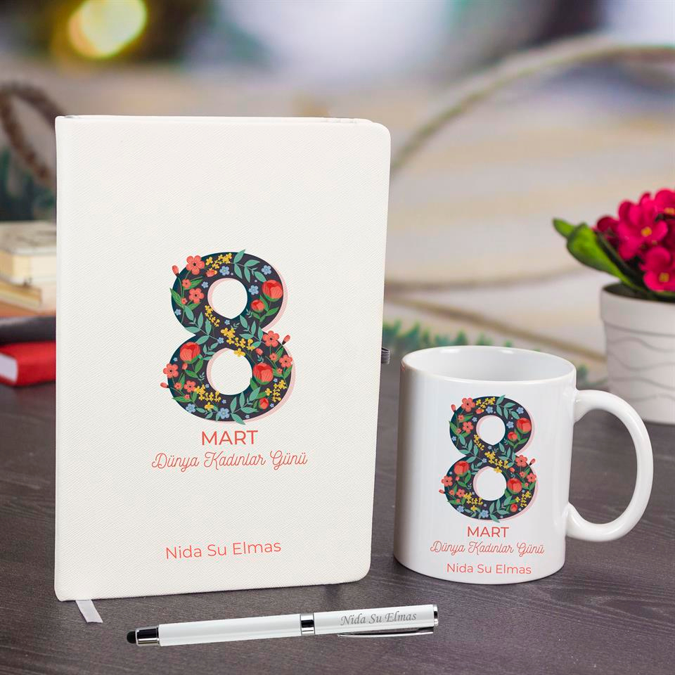 Kadınlar Günü Özel Defter Kupa Bardak ve Kalem Seti