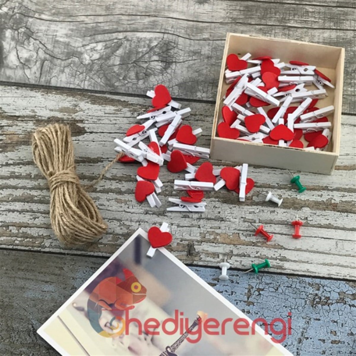 Kalpli Mandallar ve Fotoğraf Tutucu Eskitme İp Tasarım Kutulu