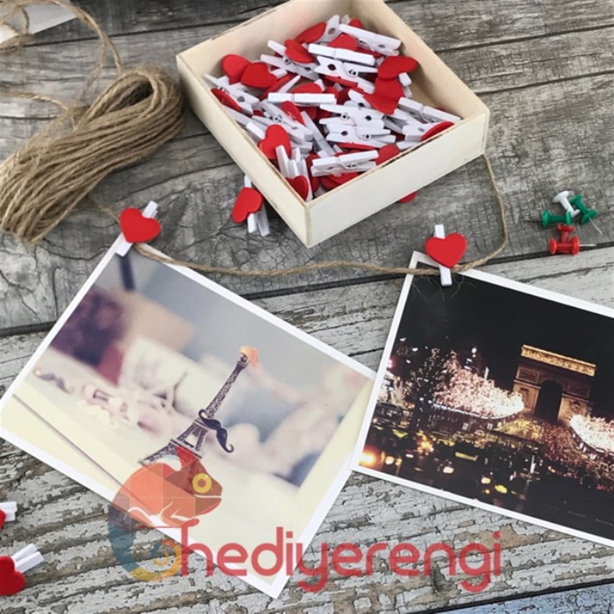 Kalpli Mandallar ve Fotoğraf Tutucu Eskitme İp Tasarım Kutulu