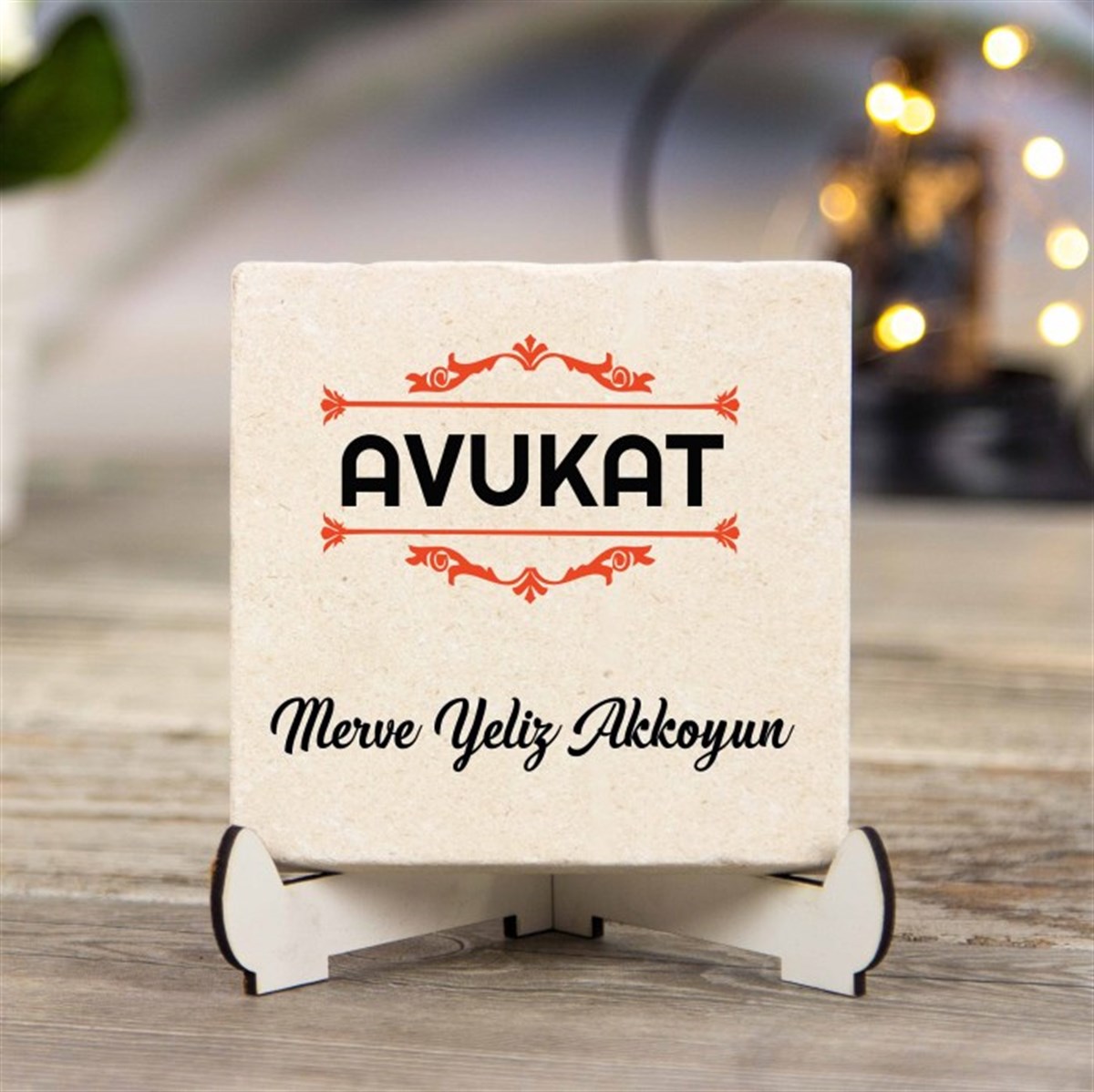 Kişiye Özel Baskılı Ahşap Stantlı Dekoratif Kare Taş - Avukat