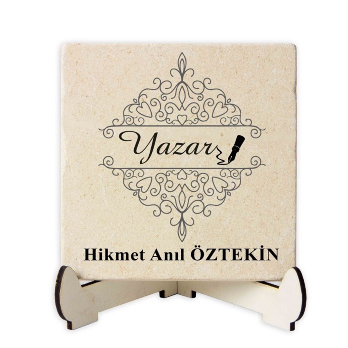 Kişiye Özel Baskılı Ahşap Stantlı İsimlik Kare Taş - Yazar Temalı M​2