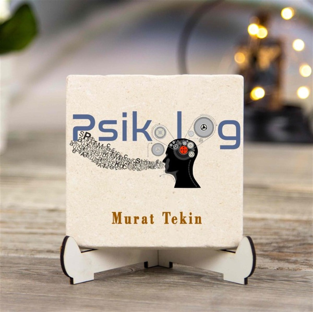 Kişiye Özel Baskılı Ahşap Stantlı İsimlik Kare Taş - Psikolog