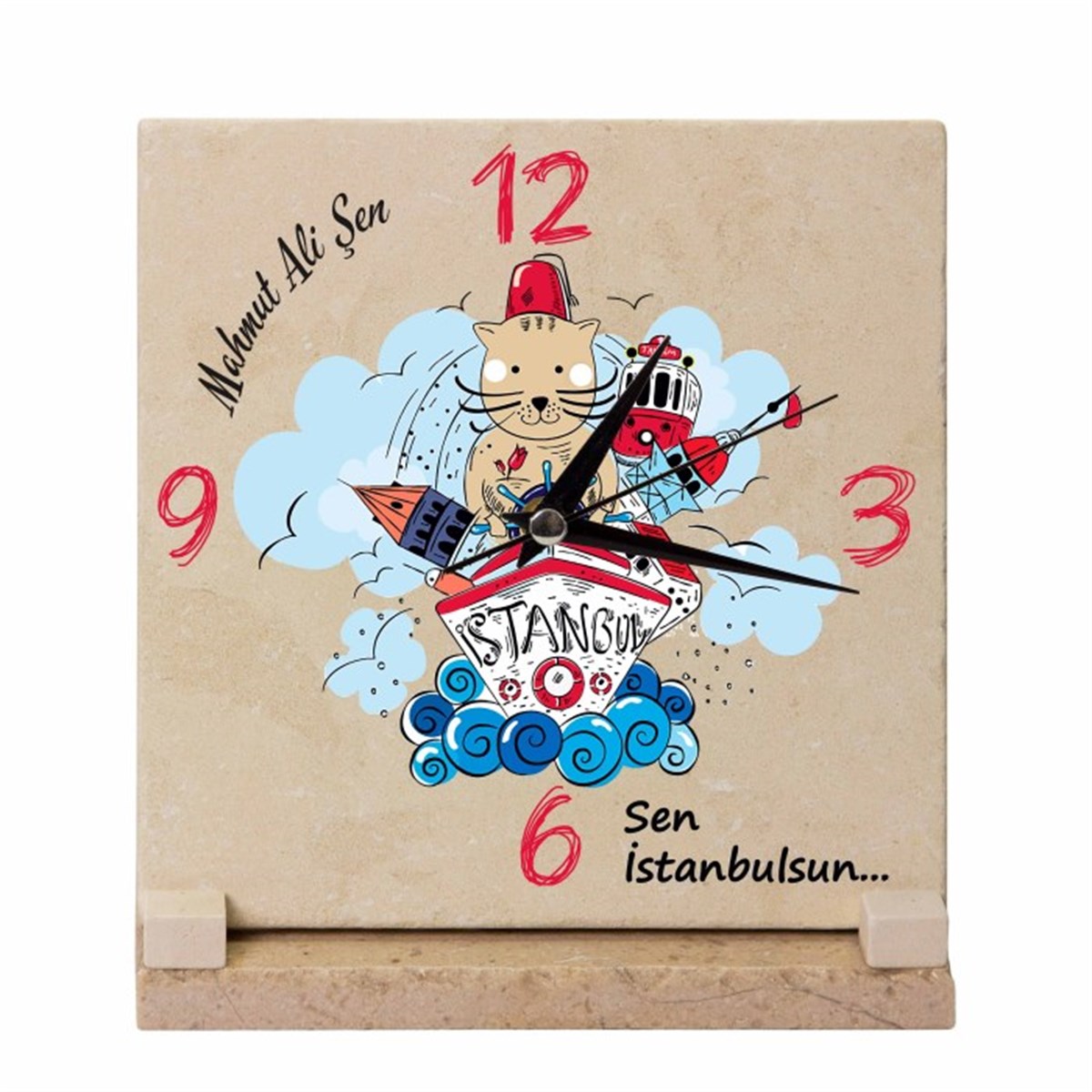 Kişiye Özel Baskılı Masaüstü Dekoratif Taş Masa Saati - İstanbul