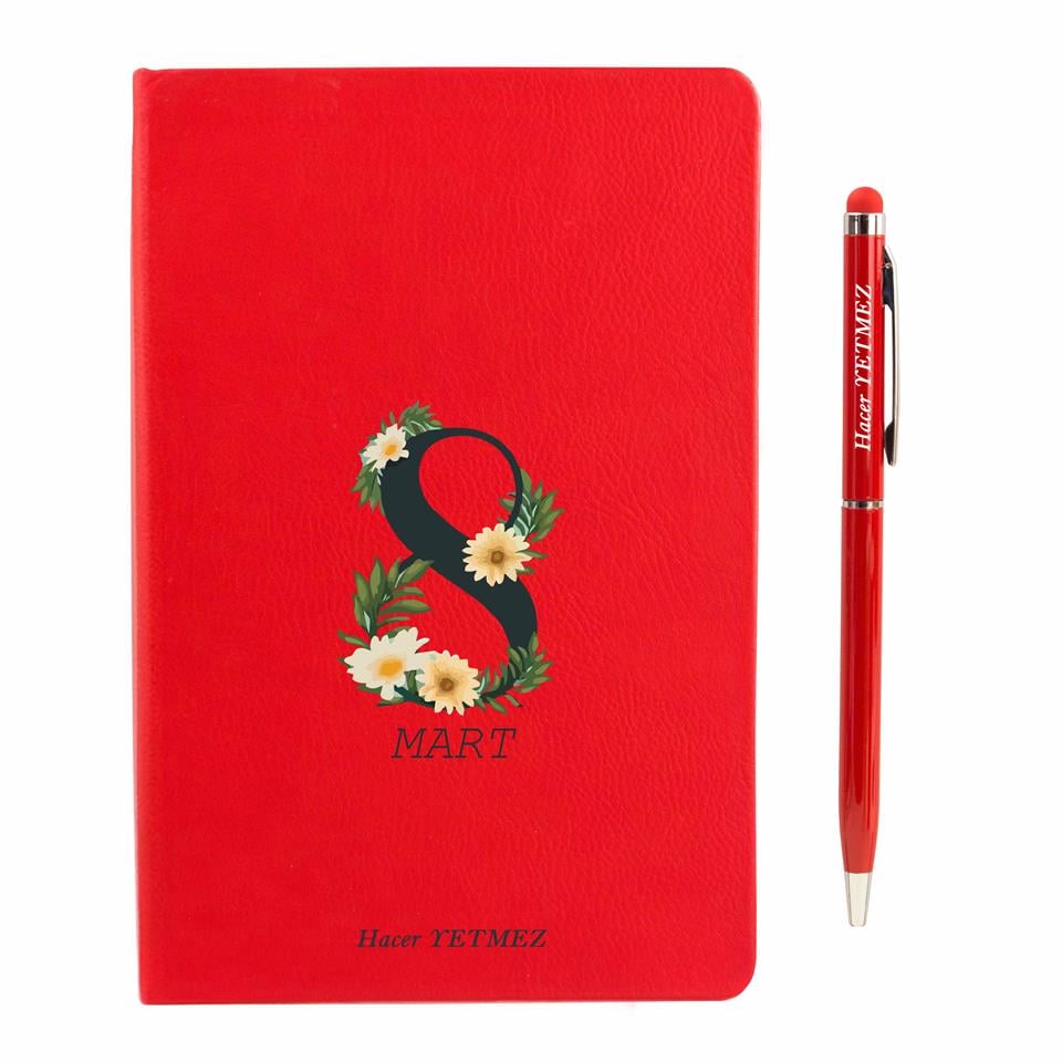 Kişiye Özel Defter Fincan Çikolata Kolonya Kalem Seti Hediye Kutusu - Çiçekli 8 Mart