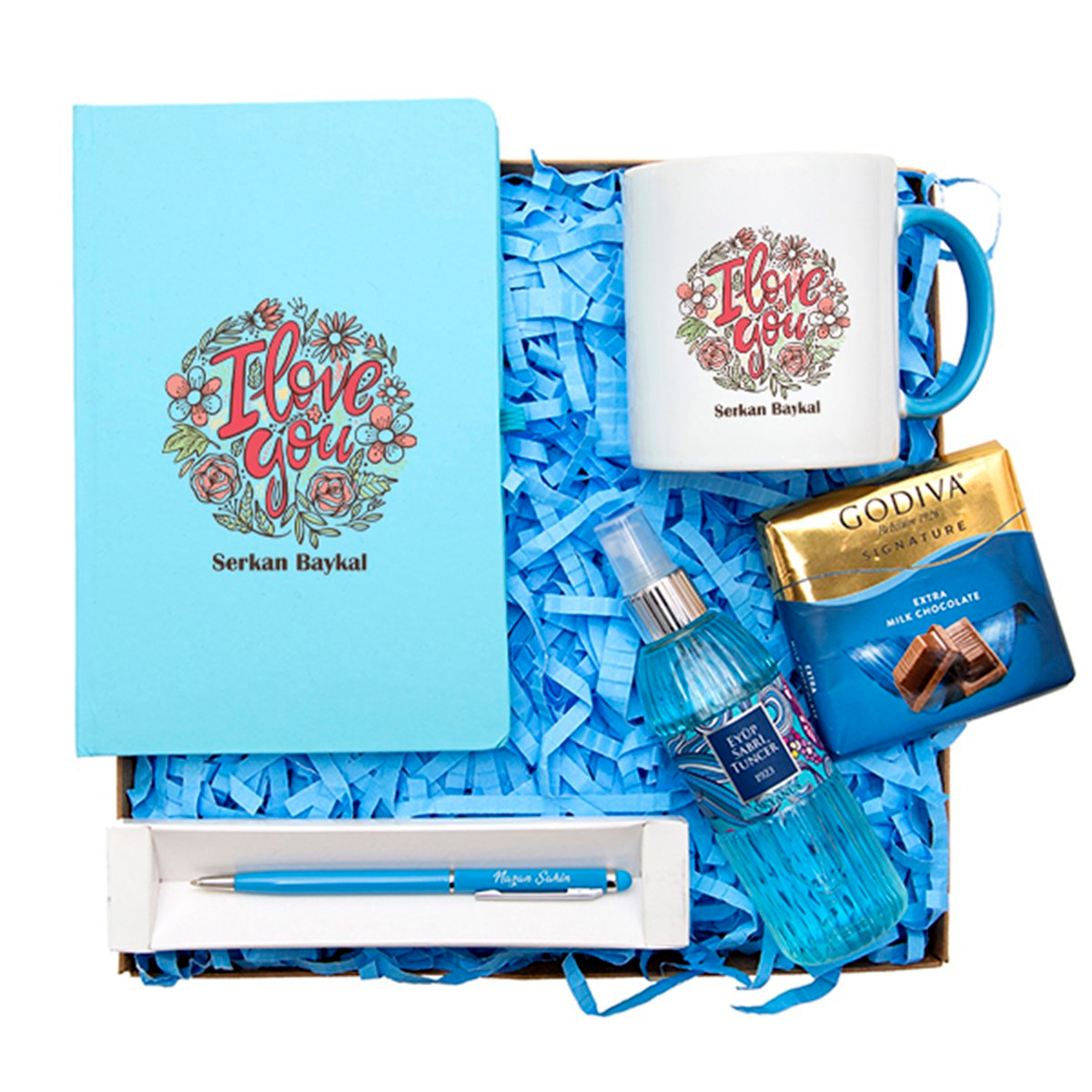 Kişiye Özel Defter Kupa Çikolata Kolonya Kalem Seti Hediye Kutusu - Çiçek Detaylı I Love You Baskılı