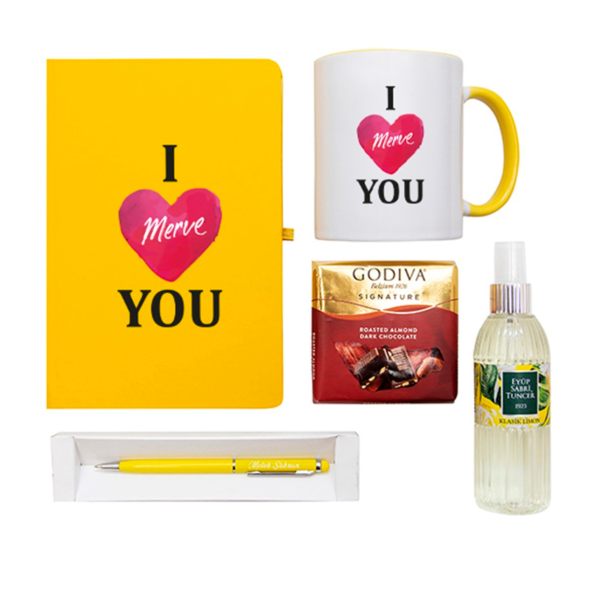 Kişiye Özel Defter Kupa Çikolata Kolonya Kalem Seti Hediye Kutusu -  I Love You Temalı