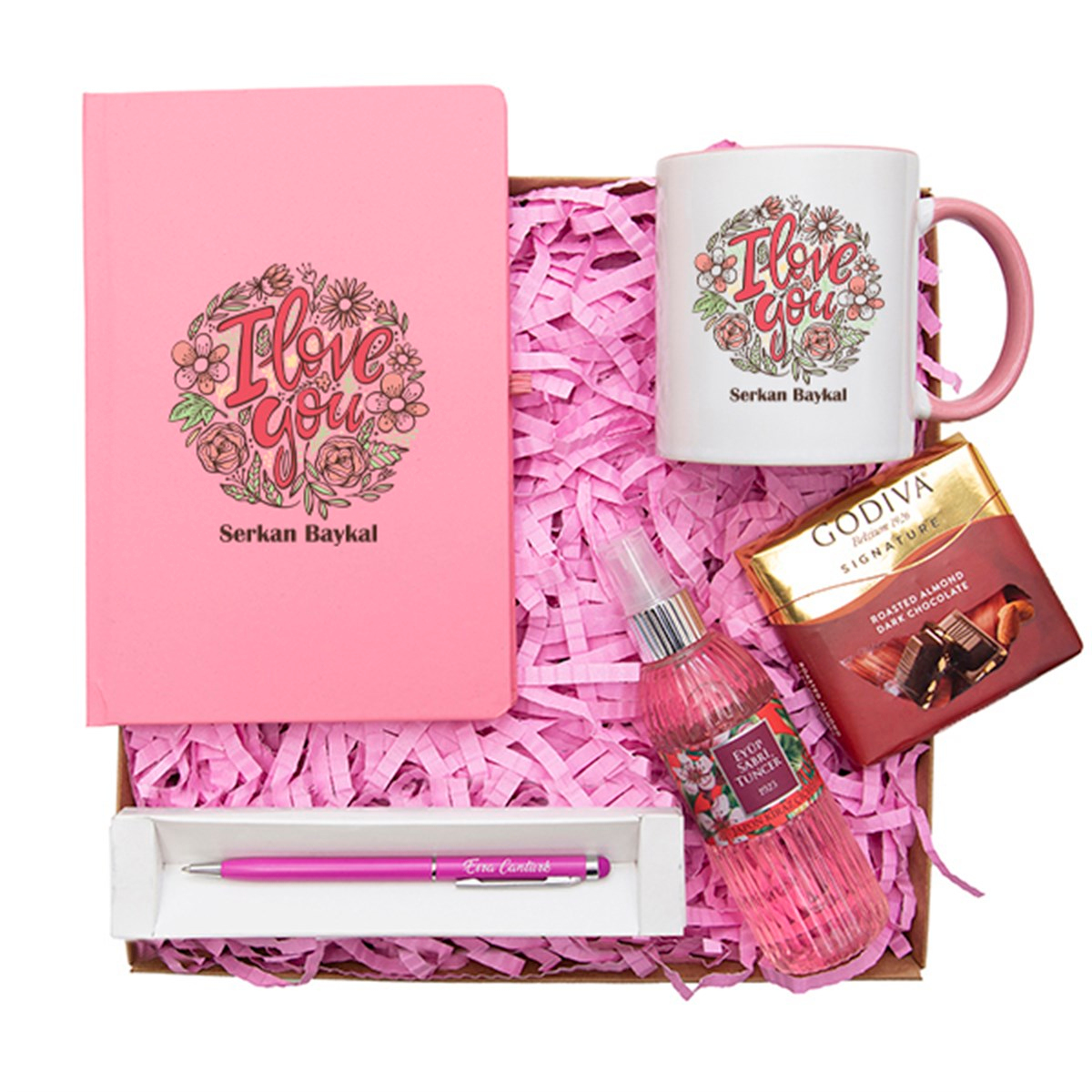 Kişiye Özel Defter Kupa Çikolata Kolonya Kalem Seti Hediye Kutusu - Çiçek Detaylı I Love You Baskılı