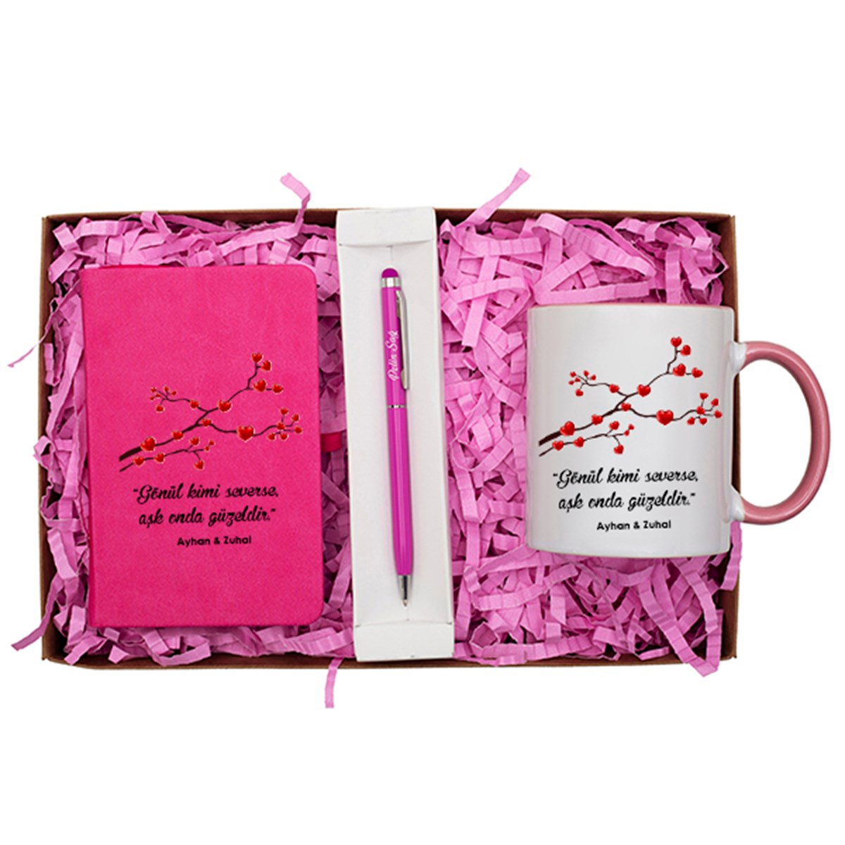 Kişiye Özel Defter Kupa ve Kalem Seti Hediye Kutusu - Kalpli Ağaç Dalı Baskılı
