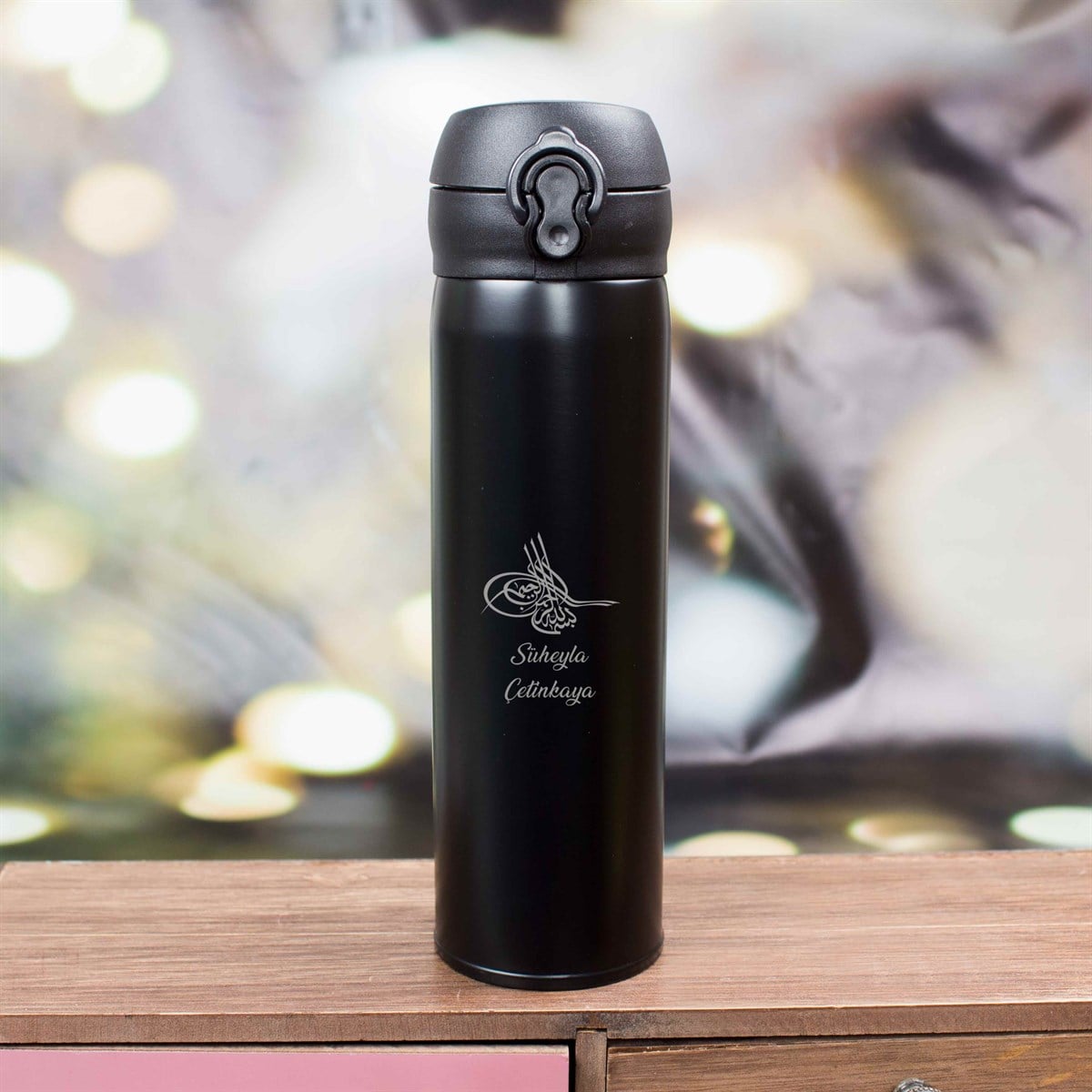 Kişiye Özel Ergonomik Tasarımlı Çelik Termos 500 ML Siyah - Tuğra