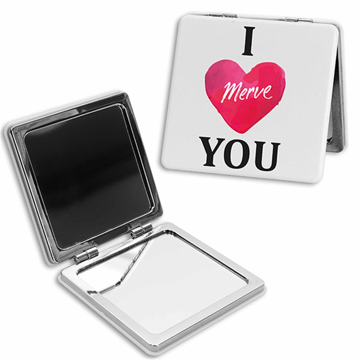 Kişiye Özel Kare Ayna ve Kupa Seti - I Love You Temalı