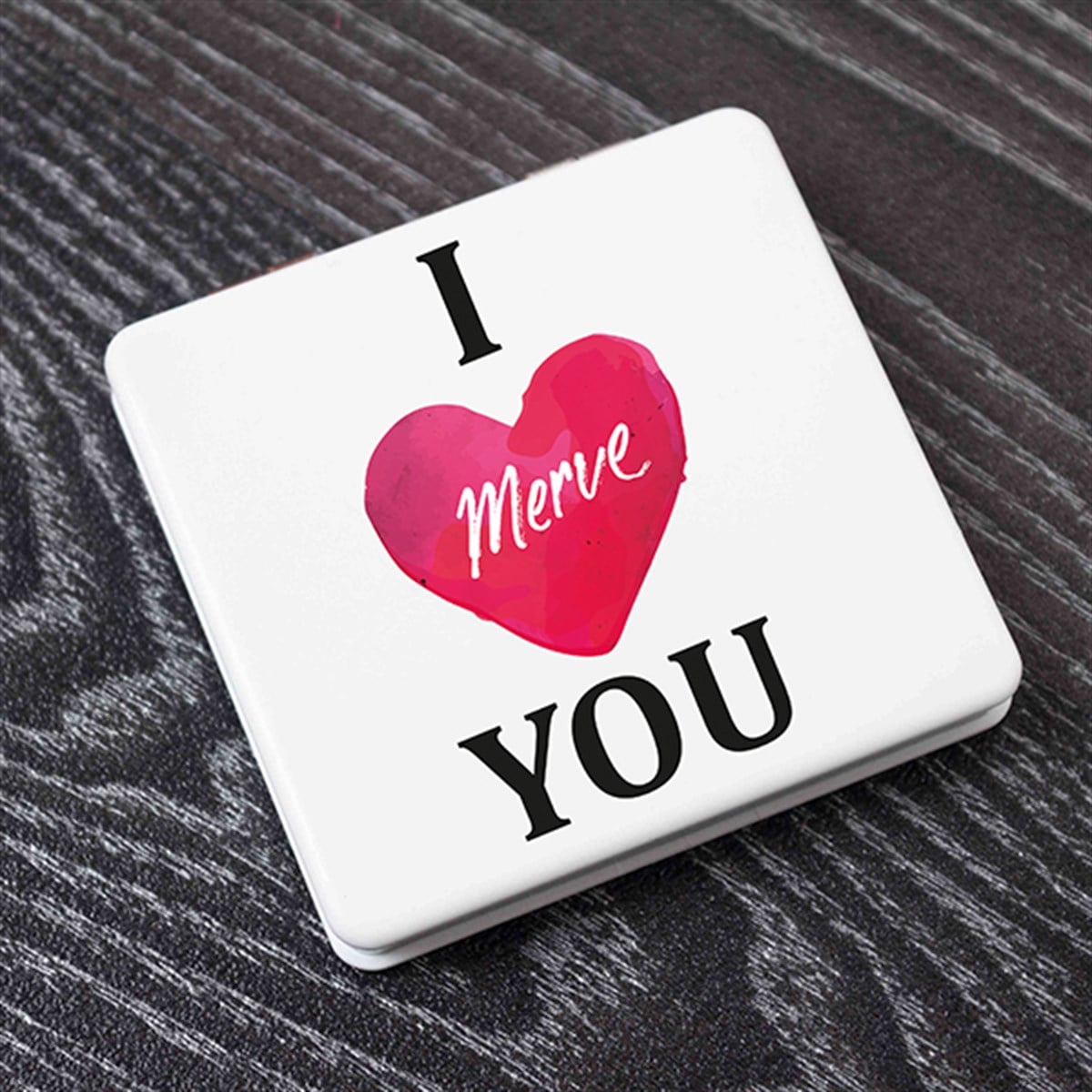 Kişiye Özel Kare Ayna ve Kupa Seti - I Love You Temalı