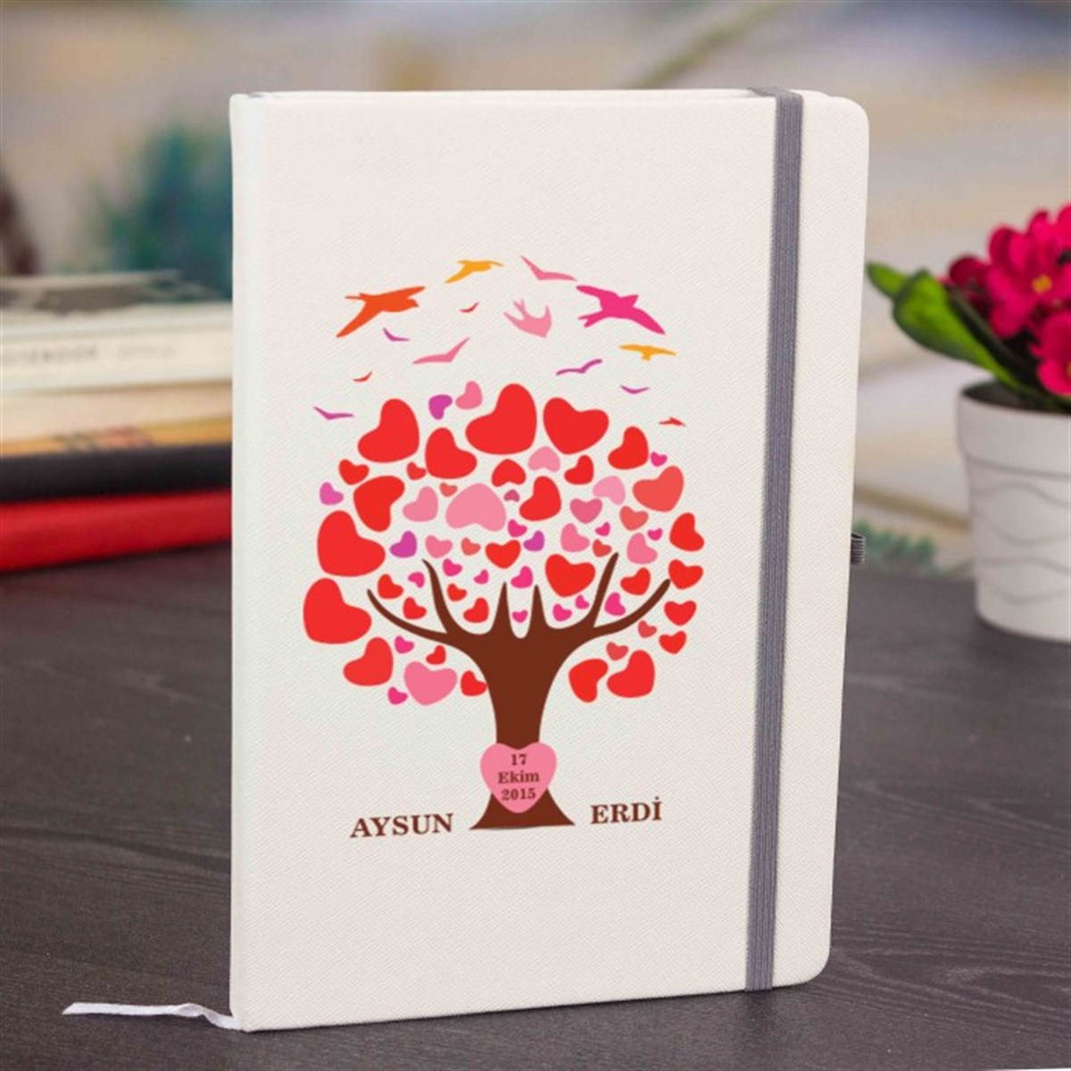 Kişiye Özel Renkli Baskılı Beyaz Defter - Aşk Ağacı