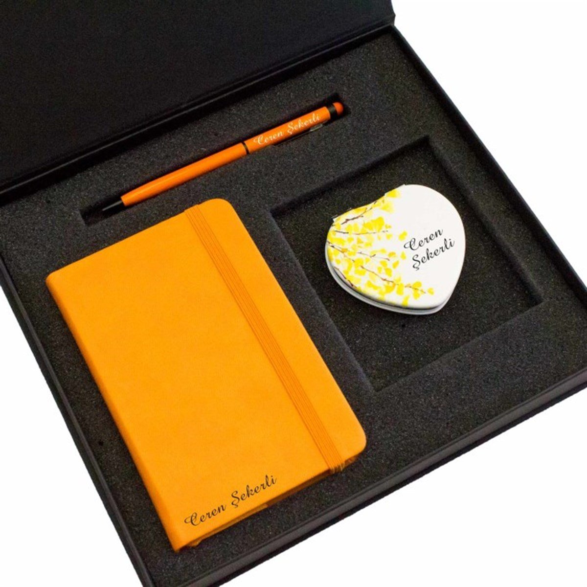 Kişiye Özel Turuncu Defter Ayna ve Kalem Seti Tasarım Kutulu