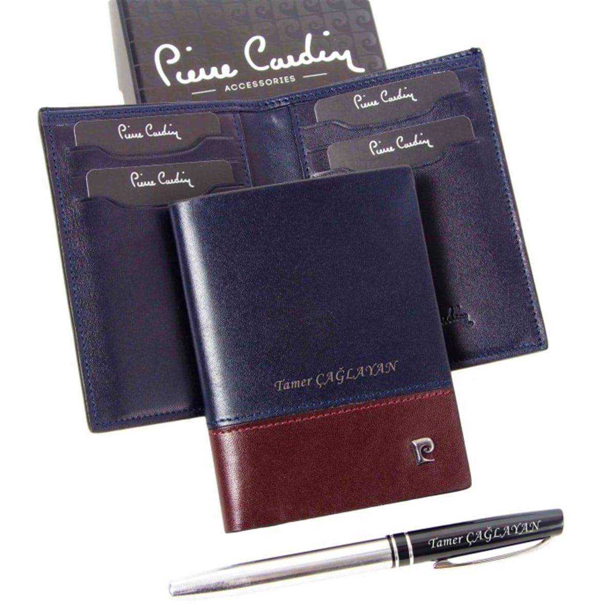 Pierre Cardin İsme Özel Dik Deri Erkek Cüzdanı Lacivert Üzeri Bordo P2835L