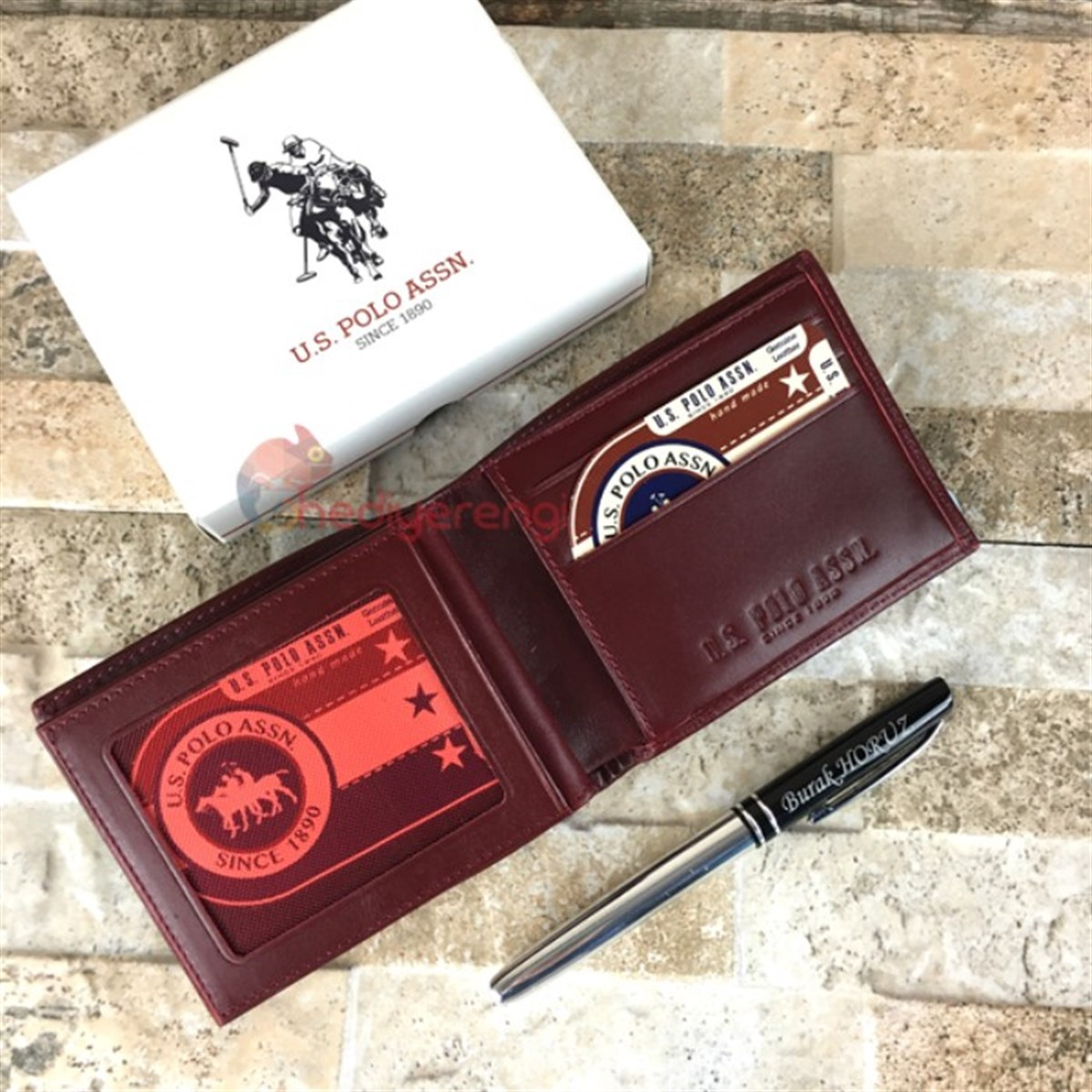 U.S. Polo Assn. İsme Özel Deri Cüzdan Şeritli Bordo Cüzdan PLCUZ5775