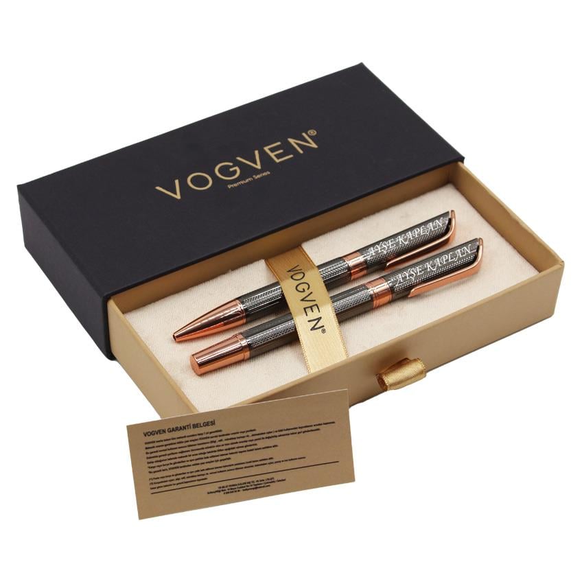 Vogven Marka İsme Özel Premium Krom-Bakır Roller ve Tükenmez Kalem Seti
