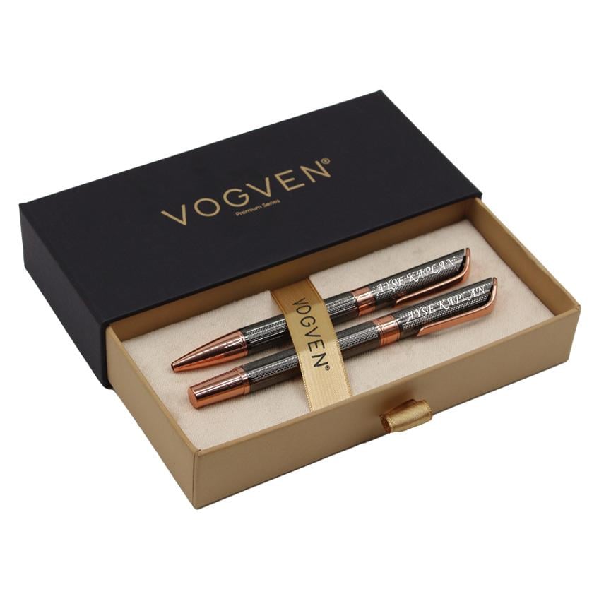 Vogven Marka İsme Özel Premium Krom-Bakır Roller ve Tükenmez Kalem Seti