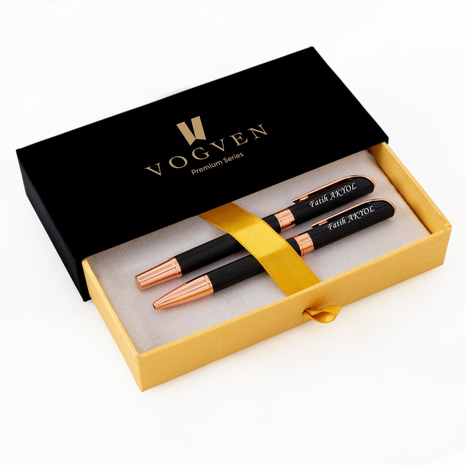 Vogven Marka İsme Özel Premium Siyah-Bakır Roller ve Tükenmez Kalem Seti