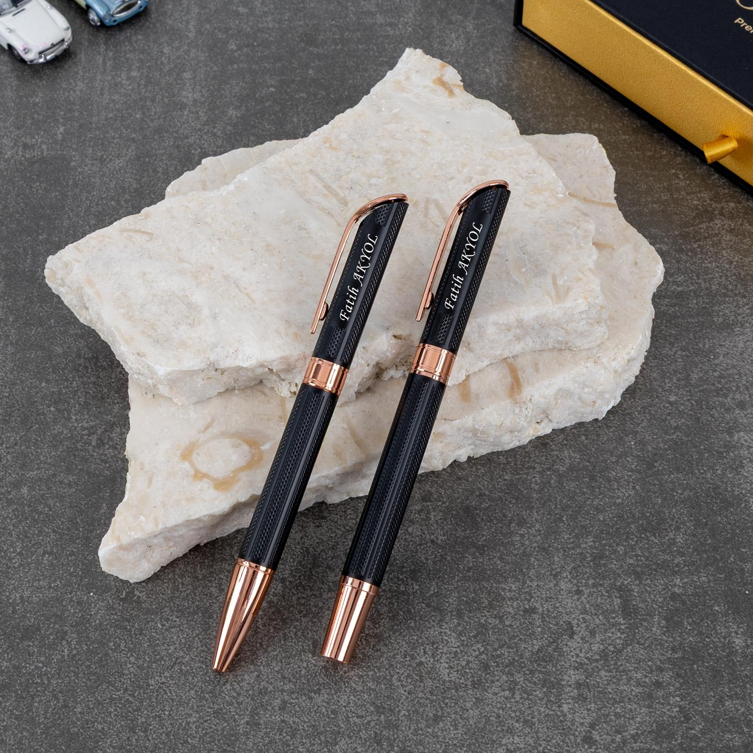 Vogven Marka İsme Özel Premium Siyah-Bakır Roller ve Tükenmez Kalem Seti