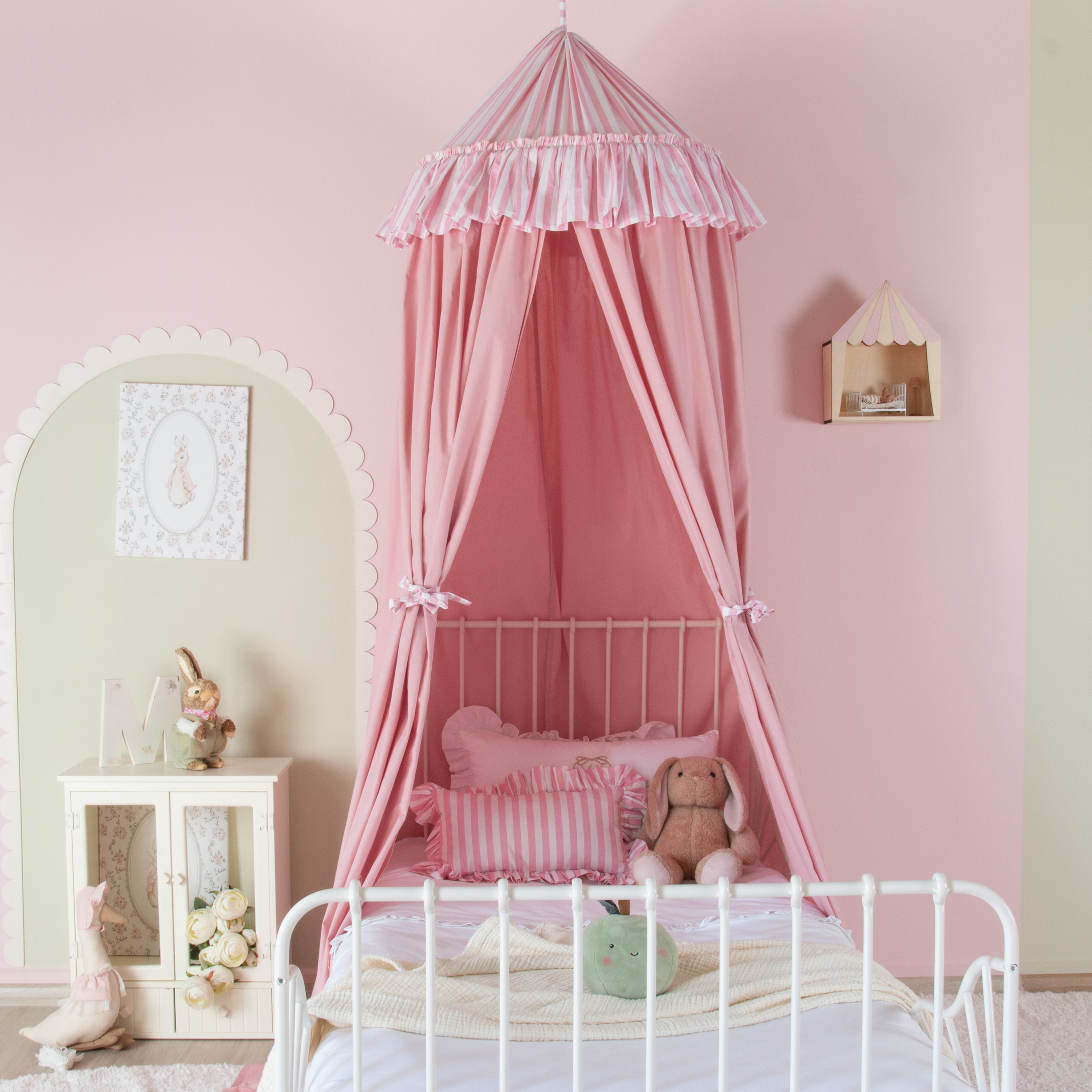 PEMBE ÇİZGİLİ FIRFIR DETAYLI PEMBE PAMUKLU CİBİNLİK
