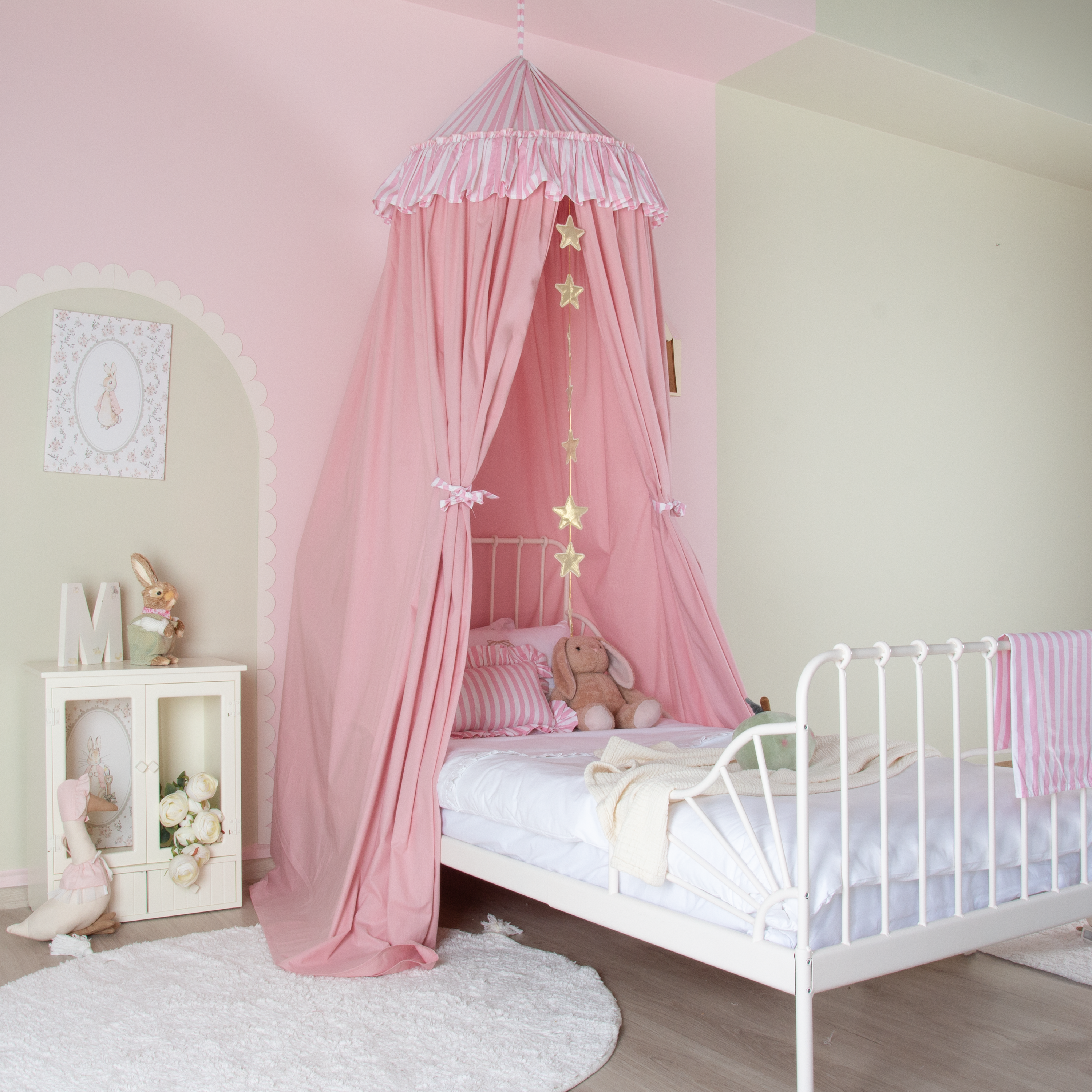 PEMBE ÇİZGİLİ FIRFIR DETAYLI PEMBE PAMUKLU CİBİNLİK