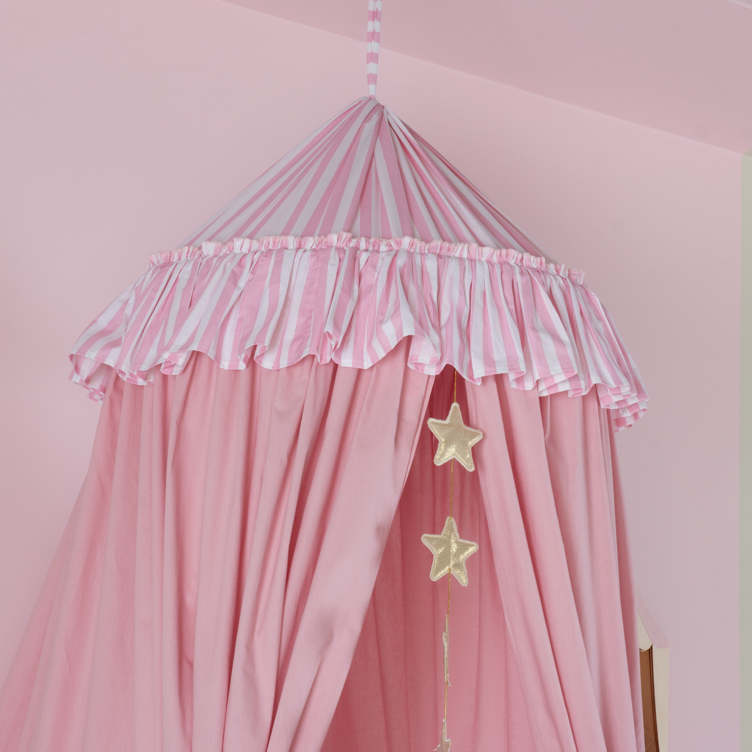 PEMBE ÇİZGİLİ FIRFIR DETAYLI PEMBE PAMUKLU CİBİNLİK