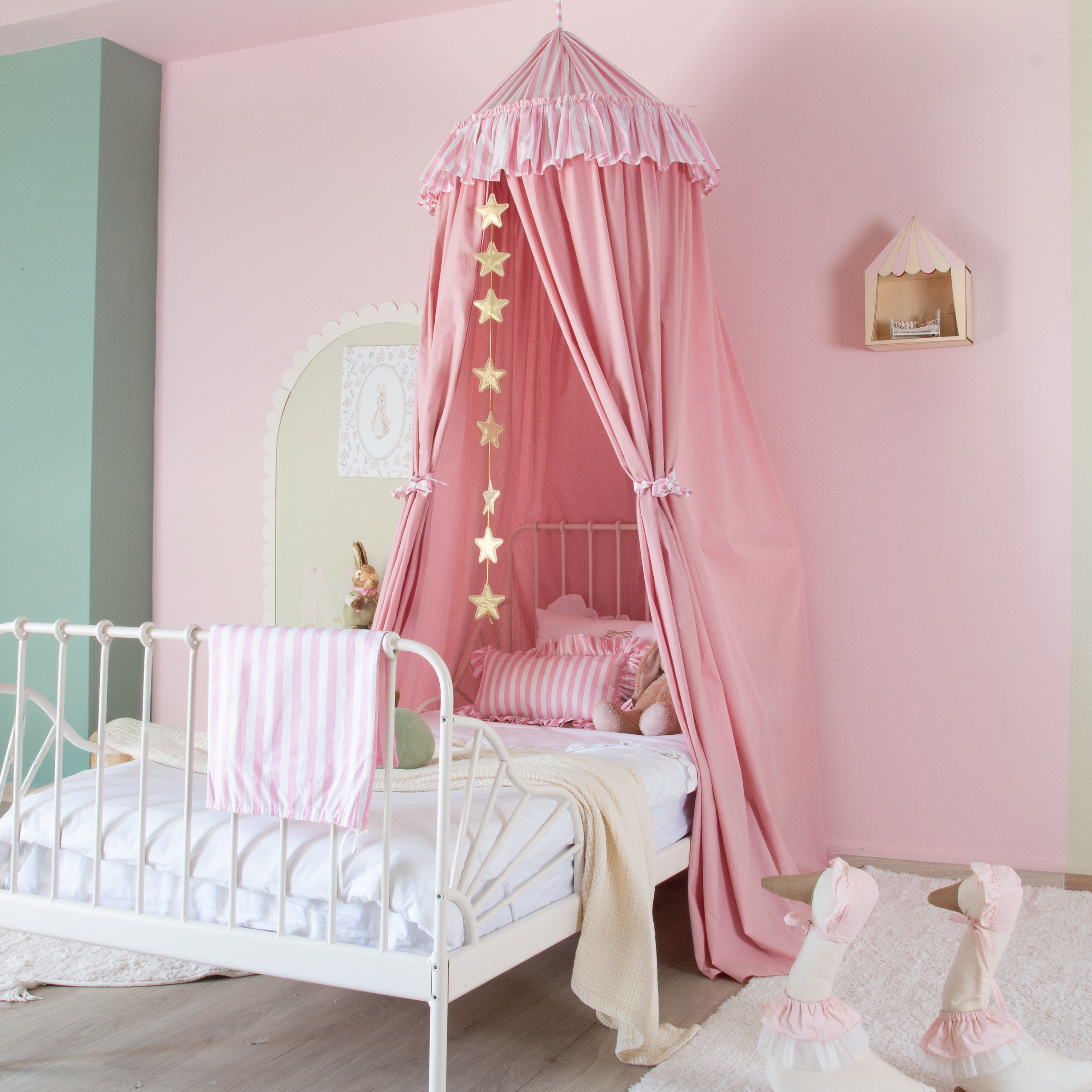 PEMBE ÇİZGİLİ FIRFIR DETAYLI PEMBE PAMUKLU CİBİNLİK