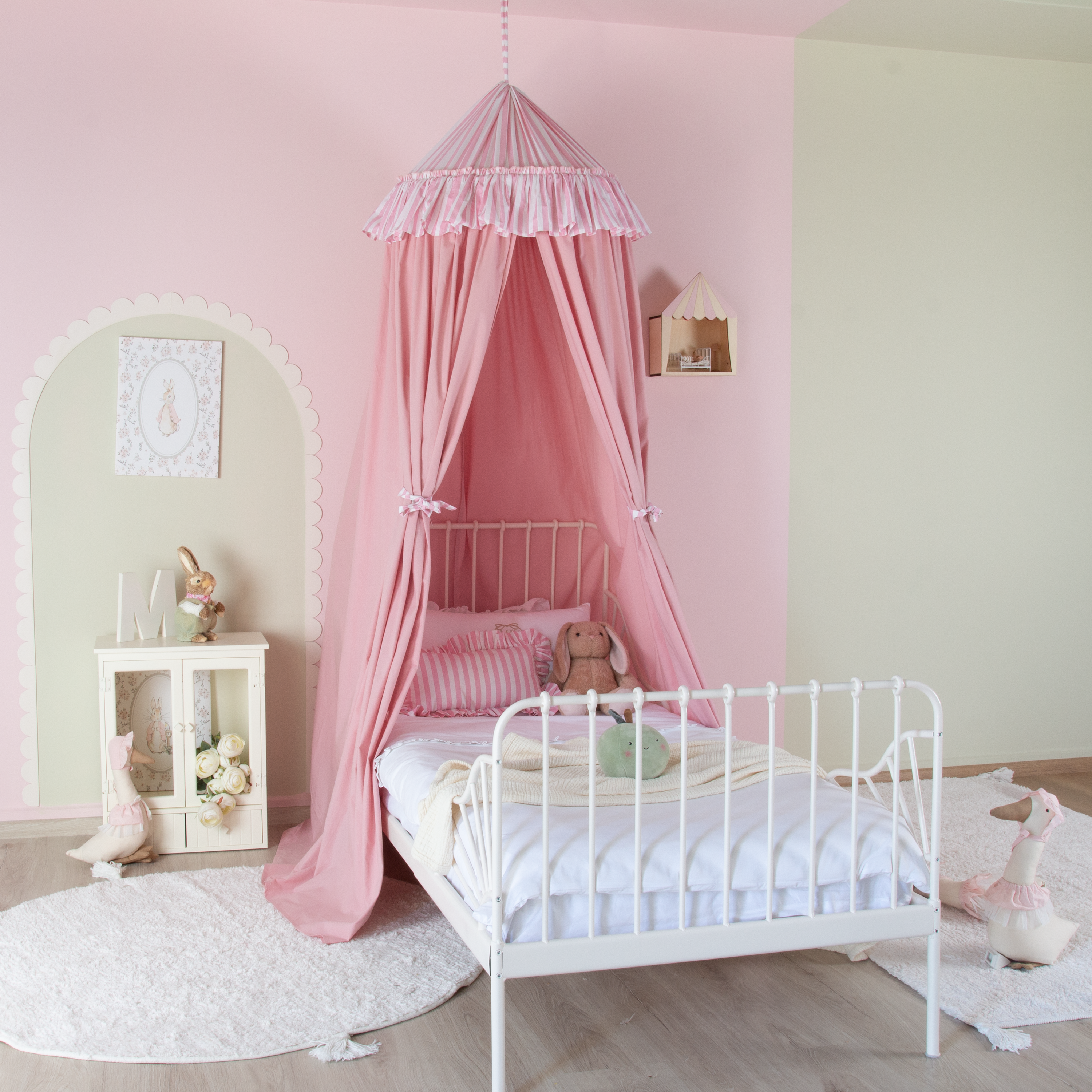PEMBE ÇİZGİLİ FIRFIR DETAYLI PEMBE PAMUKLU CİBİNLİK