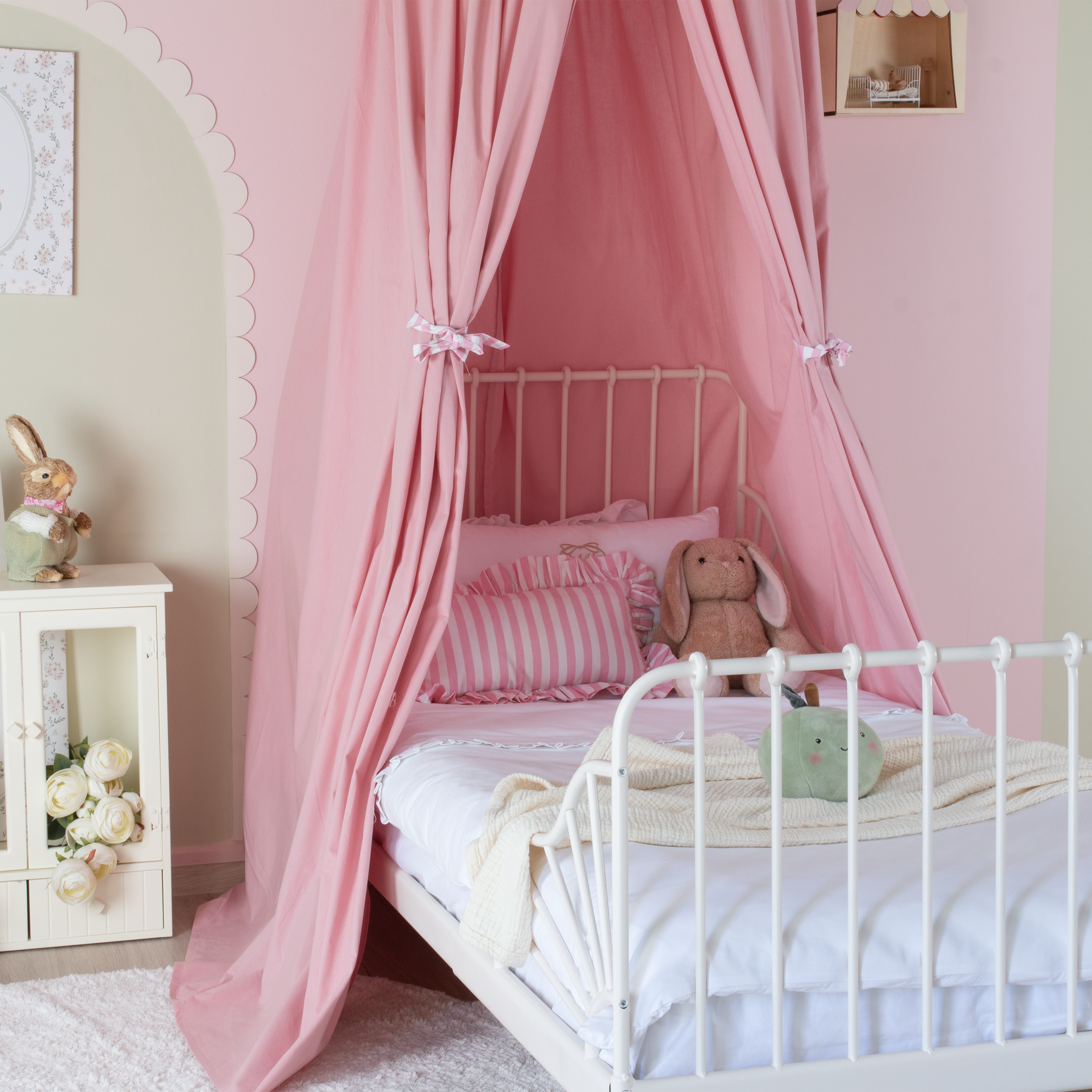 PEMBE ÇİZGİLİ FIRFIR DETAYLI PEMBE PAMUKLU CİBİNLİK