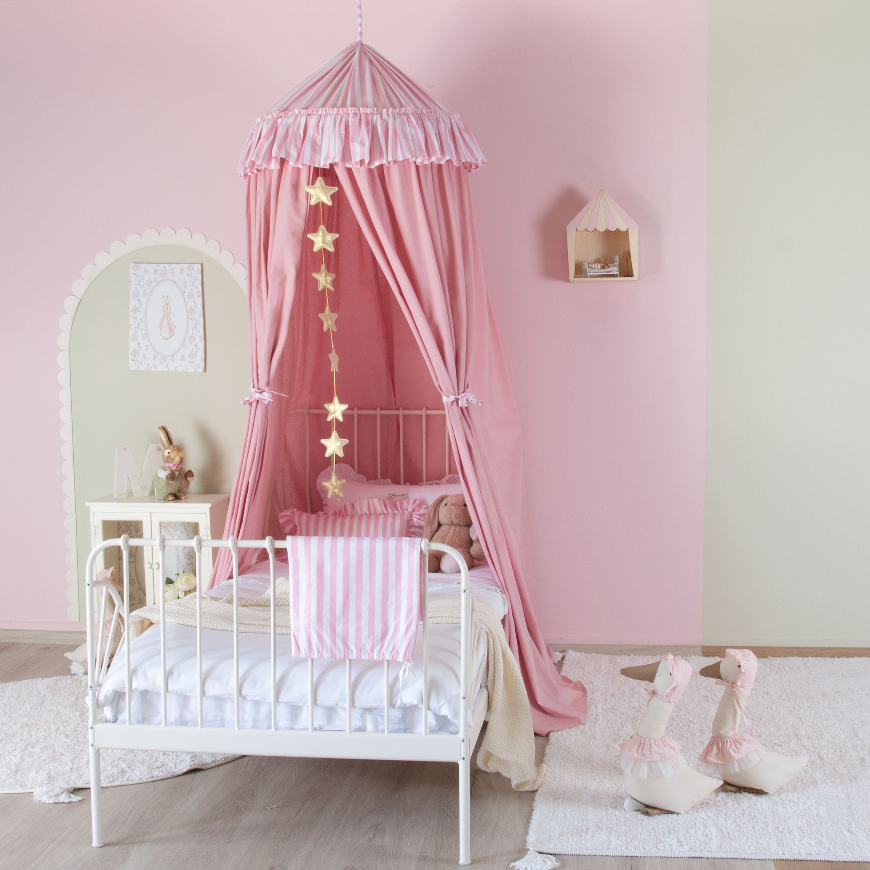 PEMBE ÇİZGİLİ FIRFIR DETAYLI PEMBE PAMUKLU CİBİNLİK