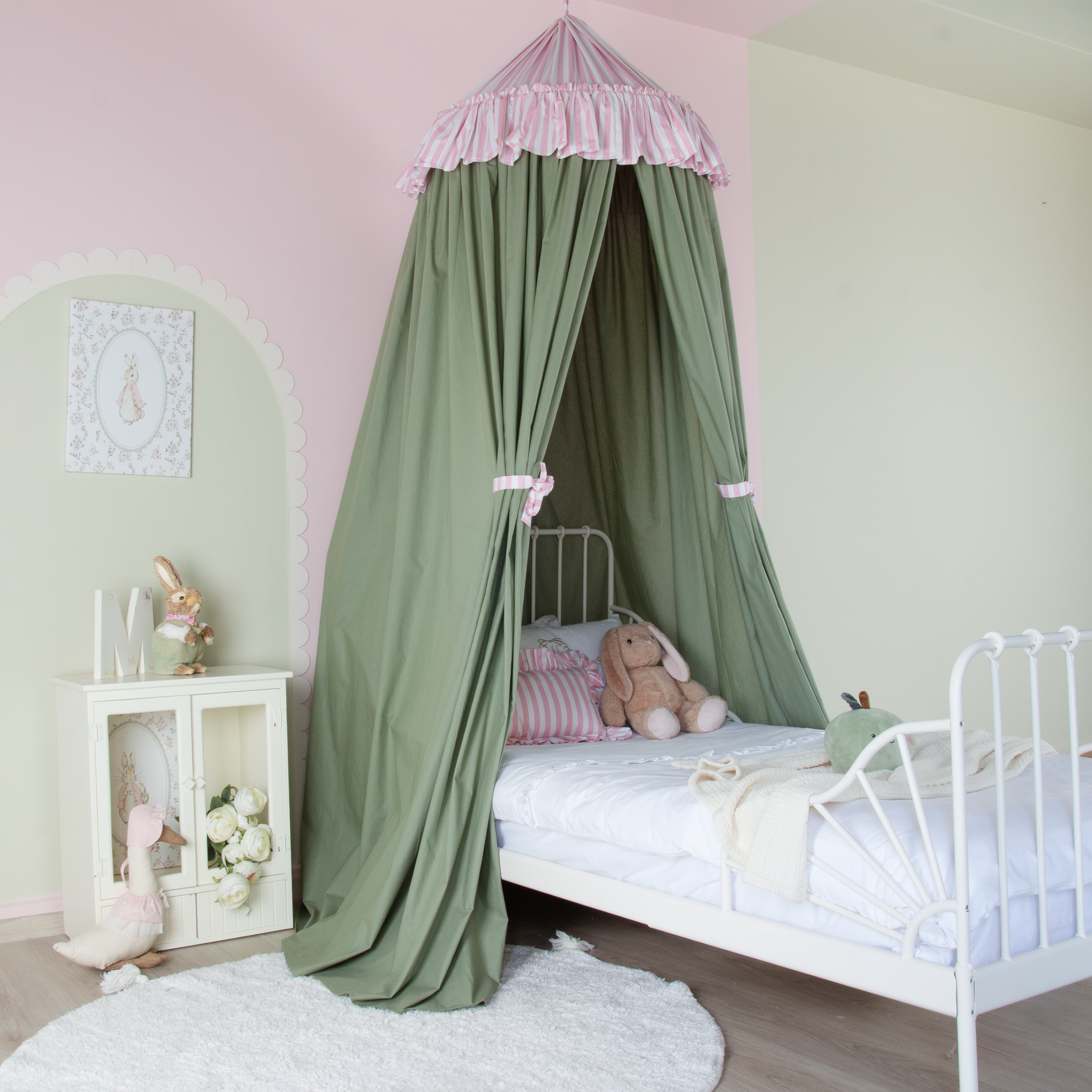 PEMBE ÇİZGİLİ FIRFIR DETAYLI SAGE GREEN PAMUKLU CİBİNLİK