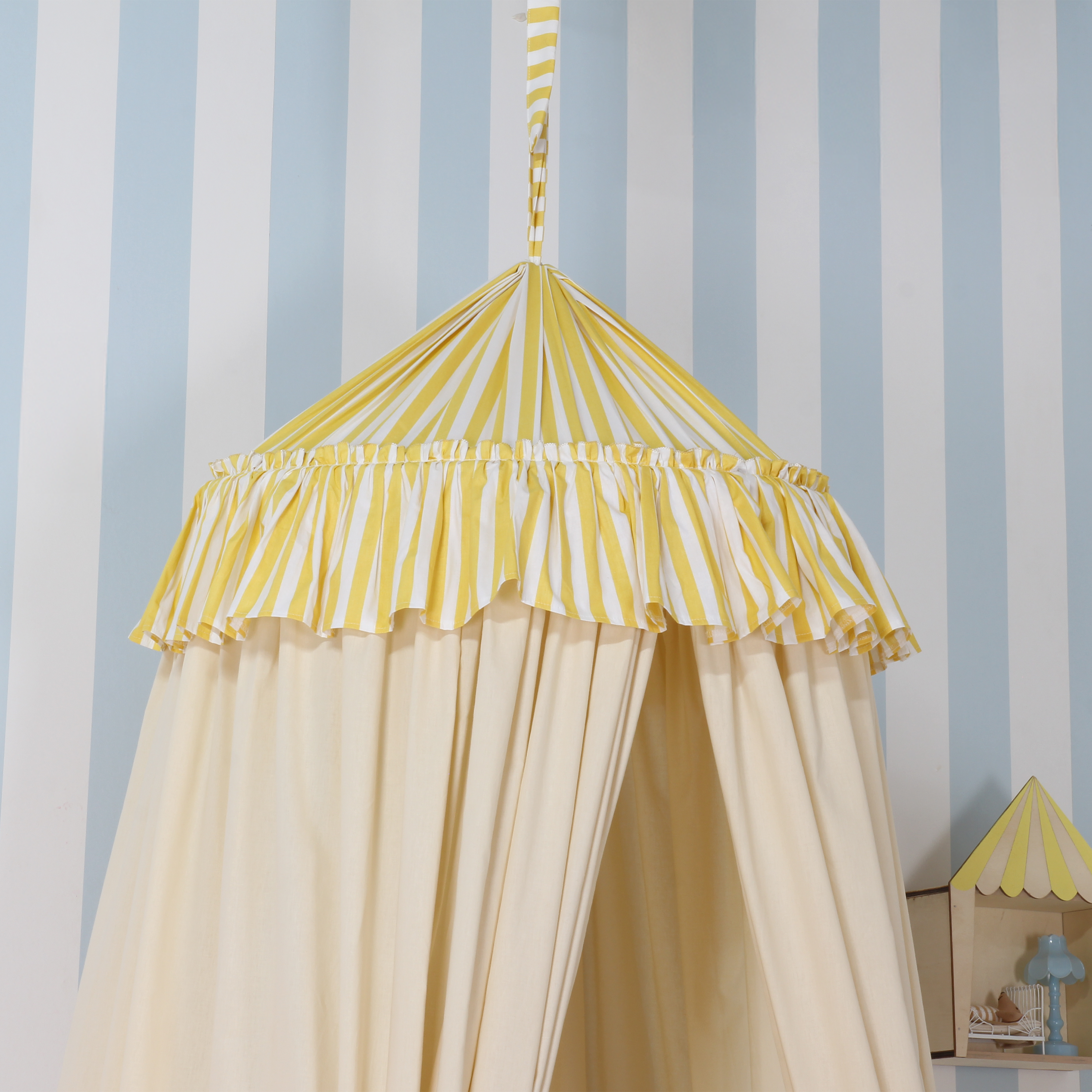 SARI ÇİZGİLİ FIRFIR DETAYLI KREM PAMUKLU CİBİNLİK