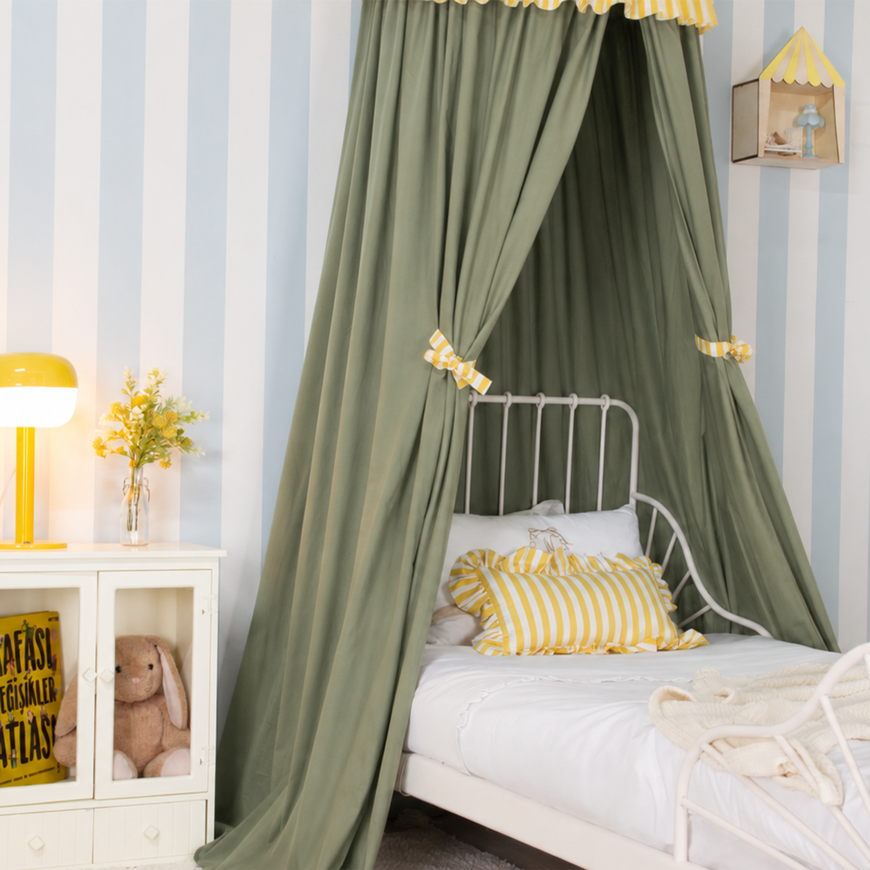 SARI ÇİZGİLİ FIRFIR DETAYLI SAGE GREEN PAMUKLU CİBİNLİK