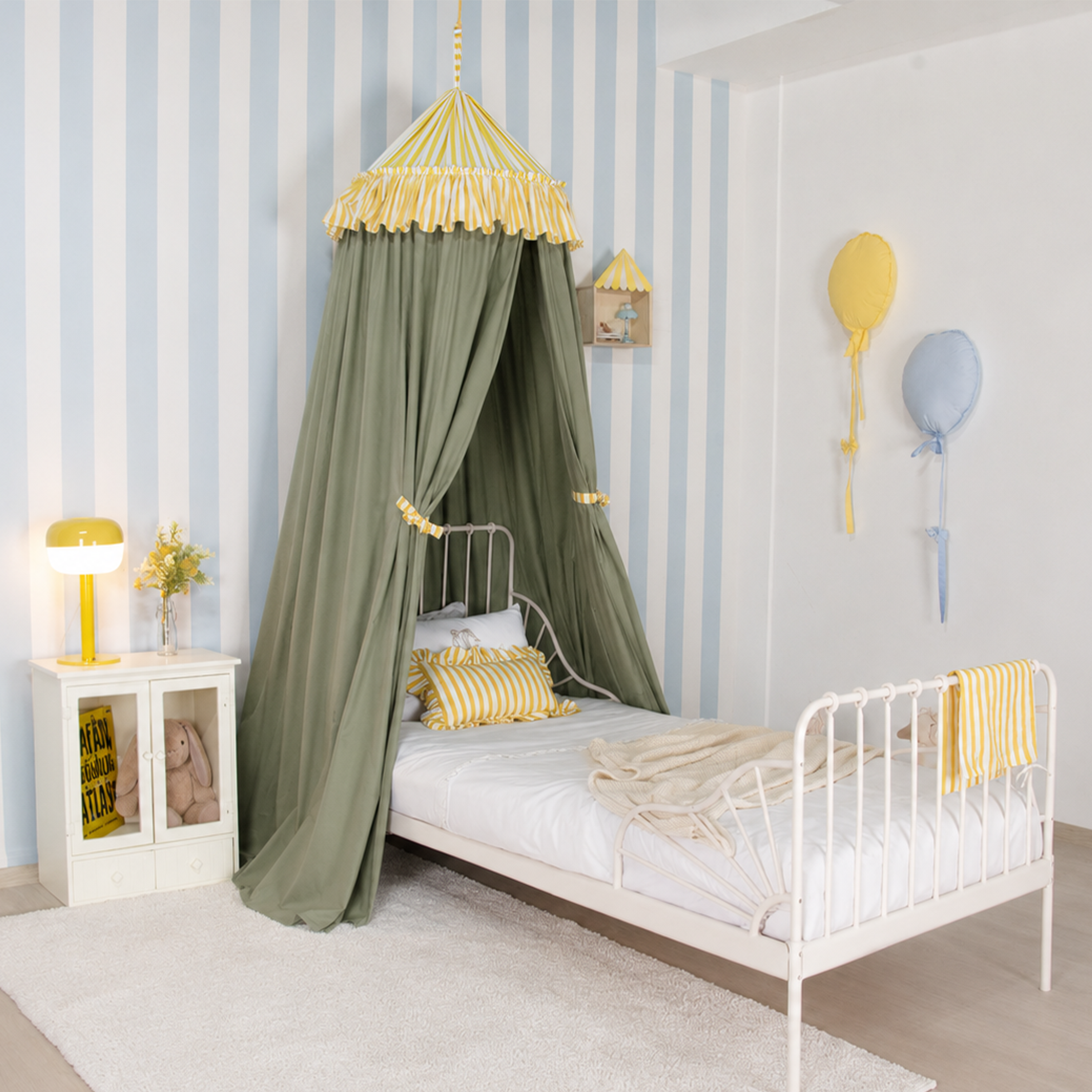 SARI ÇİZGİLİ FIRFIR DETAYLI SAGE GREEN PAMUKLU CİBİNLİK