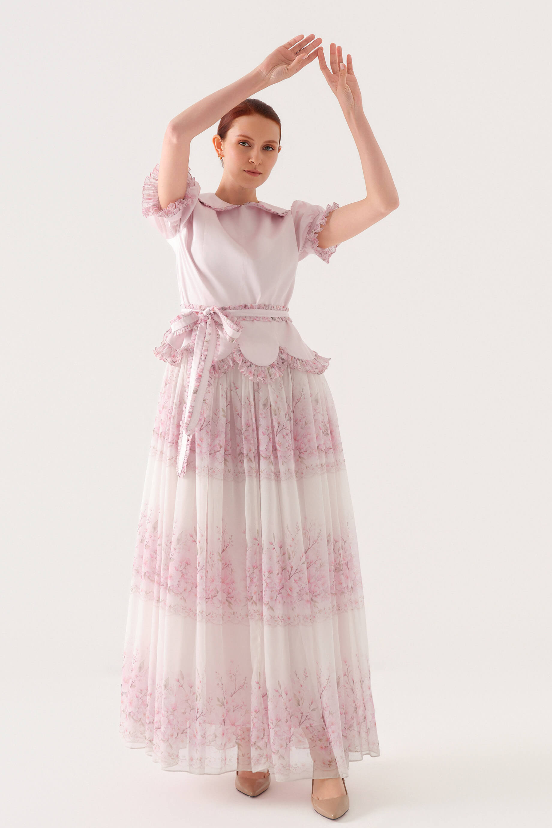 BEBE YAKALI KISA KOL ŞİFON GARNİ ELBİSE Pembe