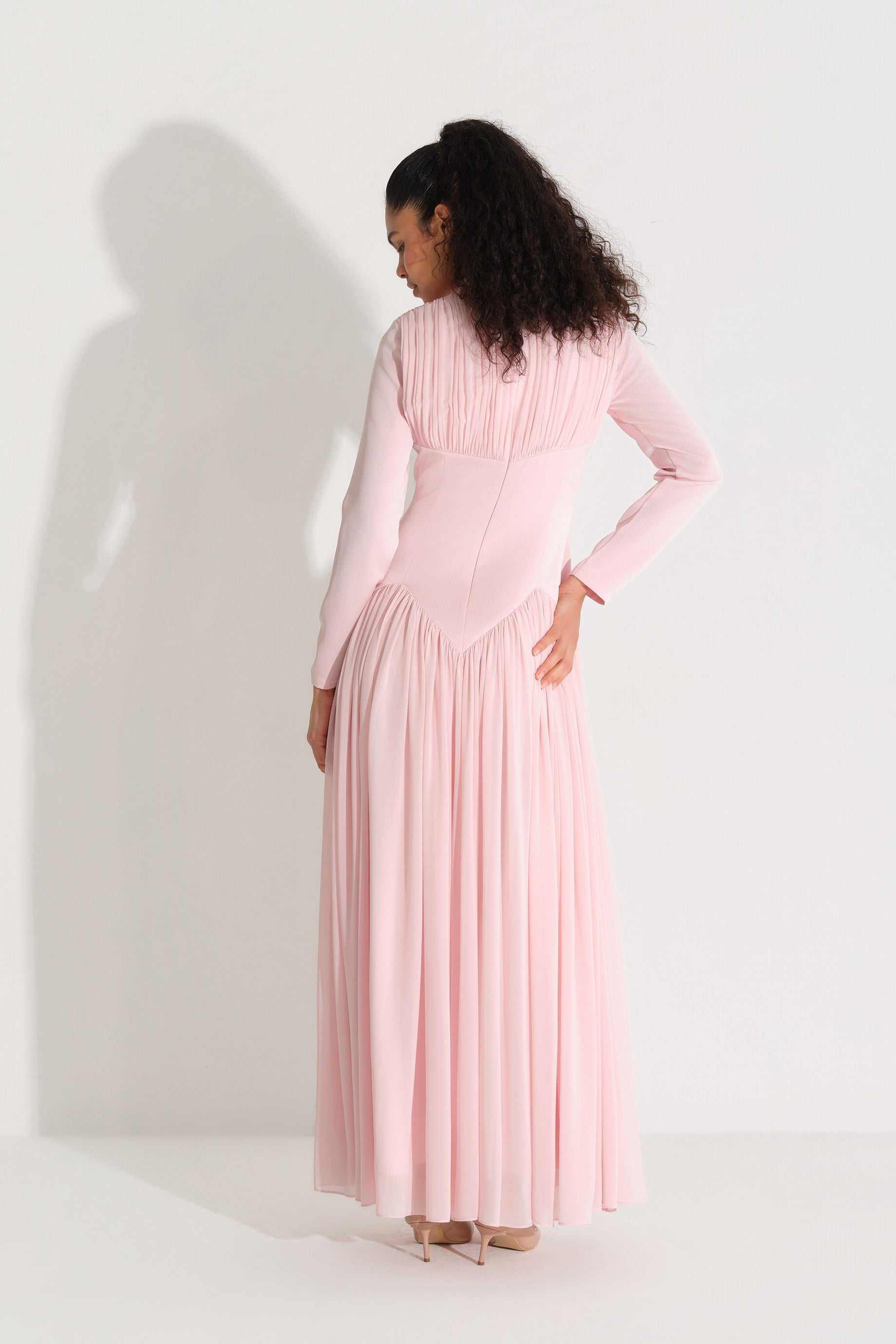BEL FORMU KORSE GÖRÜNÜMLÜ KREP ELBİSE Pembe