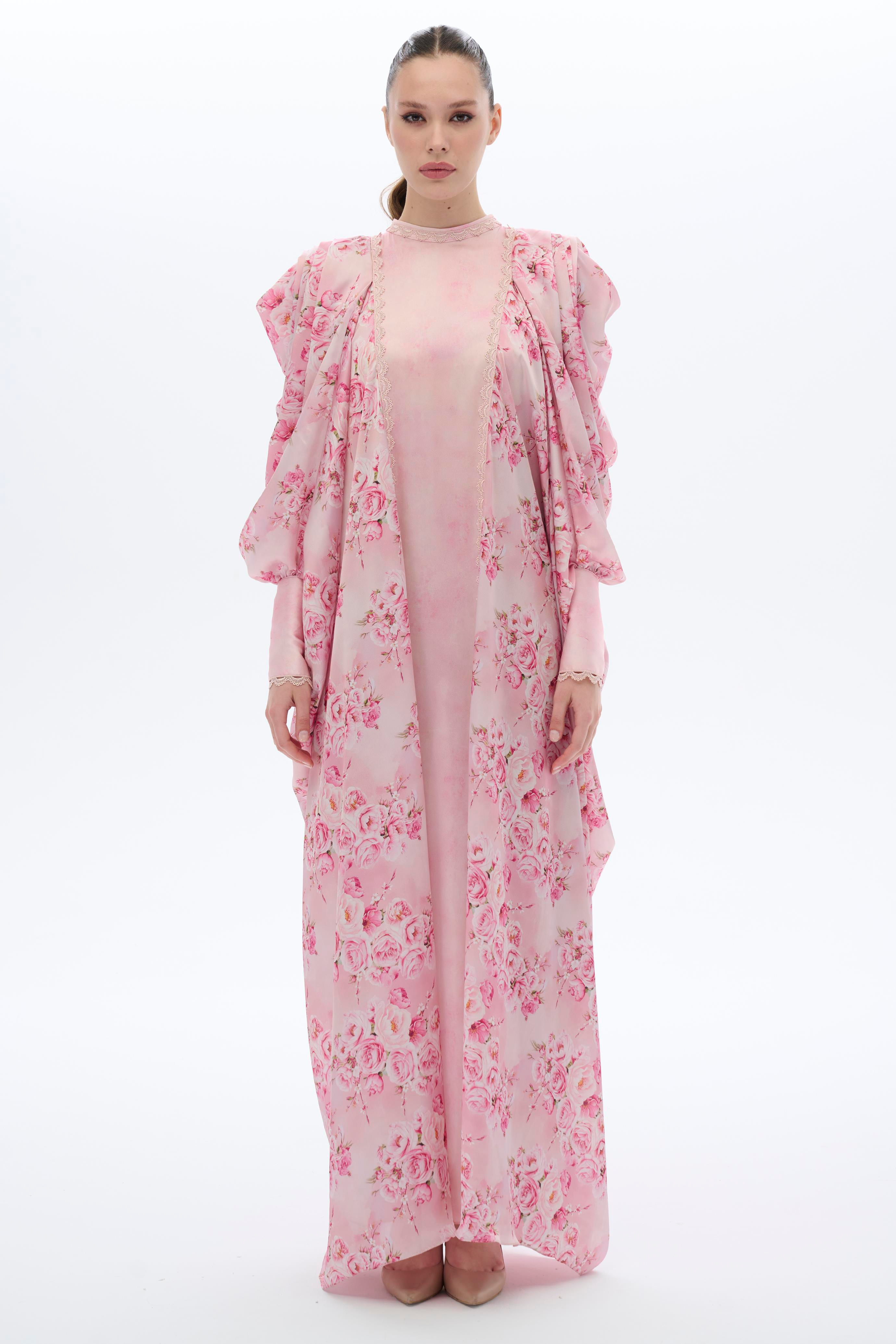 DANTEL ŞERİTLİ KAFTAN ELBİSE Pembe