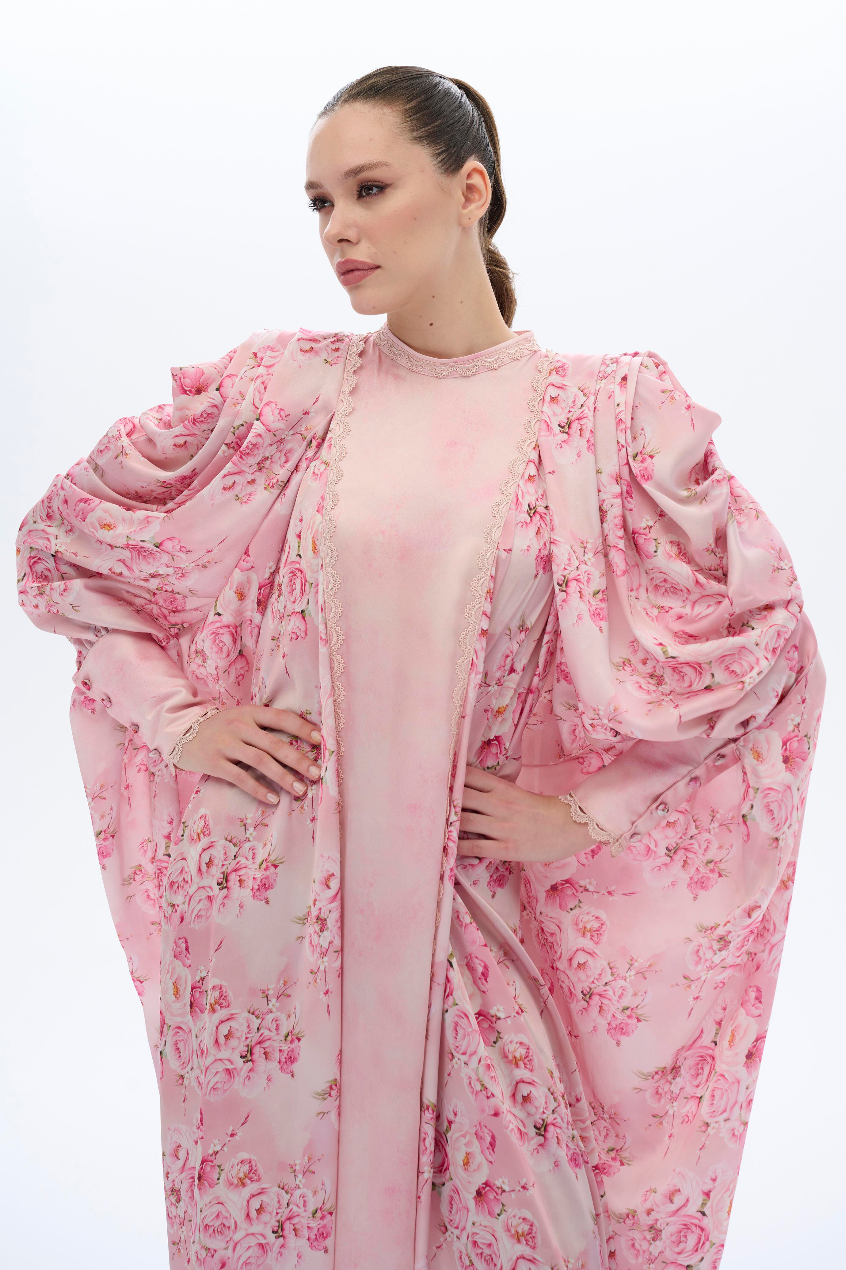 DANTEL ŞERİTLİ KAFTAN ELBİSE Pembe