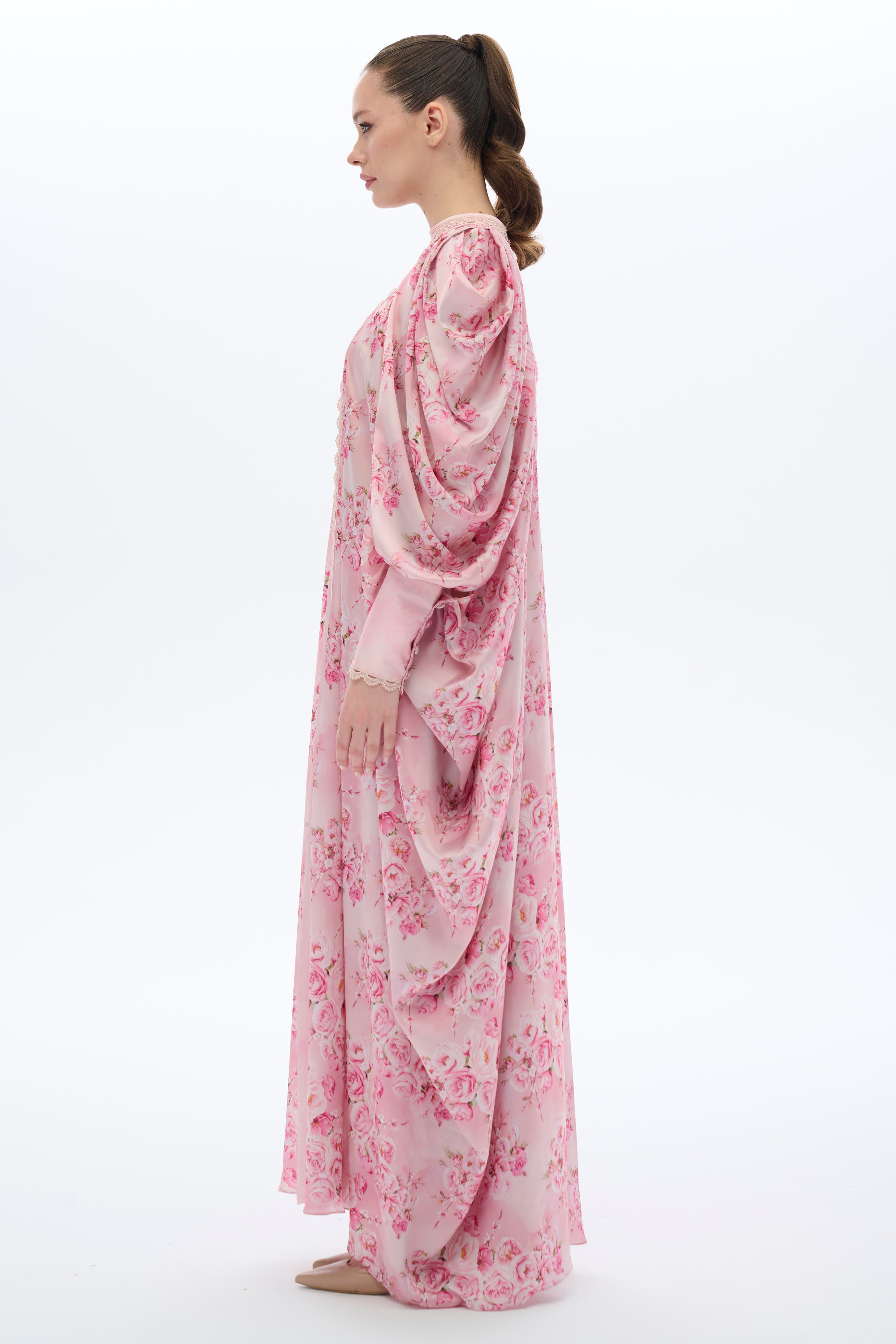 DANTEL ŞERİTLİ KAFTAN ELBİSE Pembe