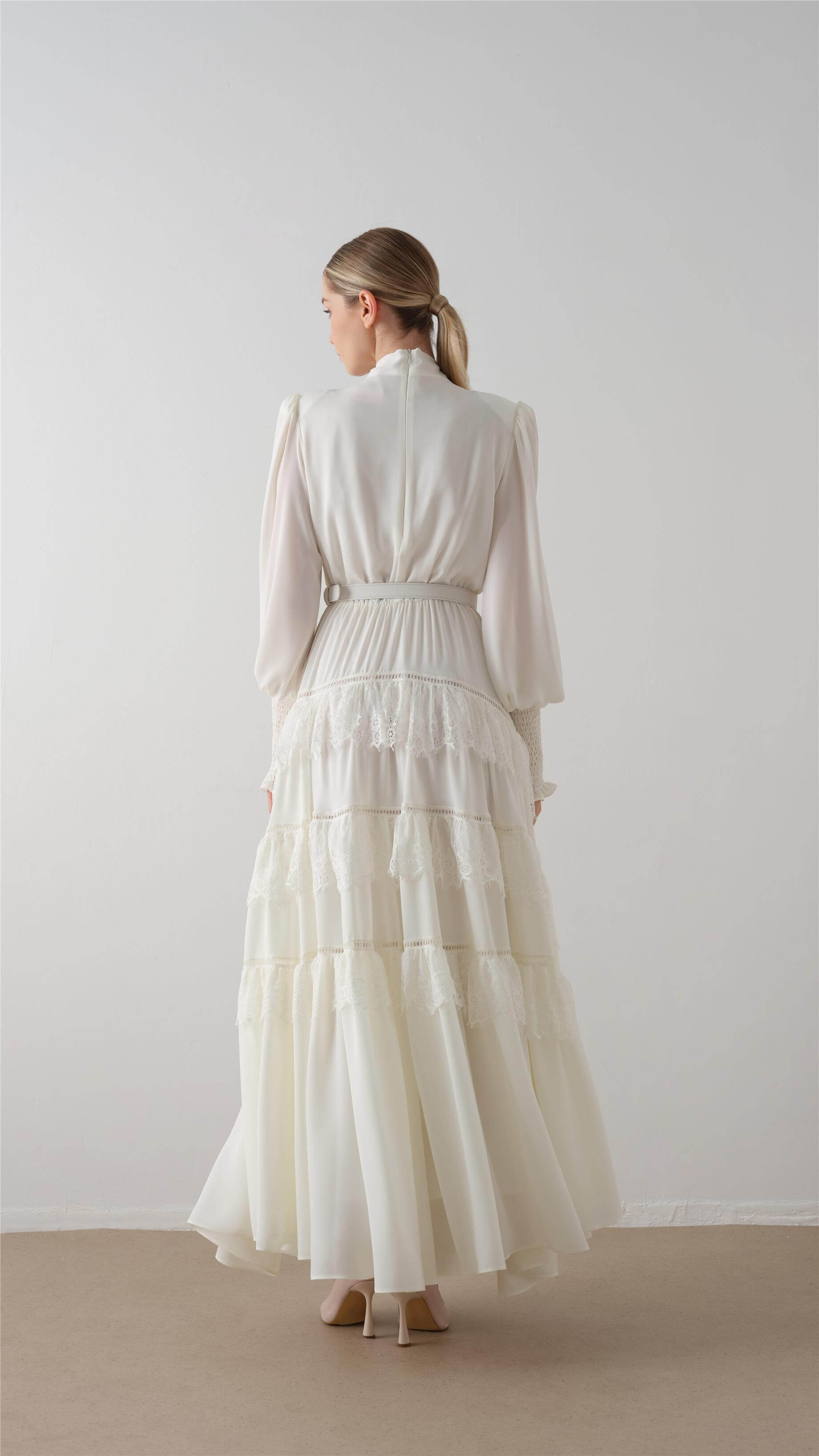 LONG DRESS WITH TIERED GATHERED SKIRT Ecru
