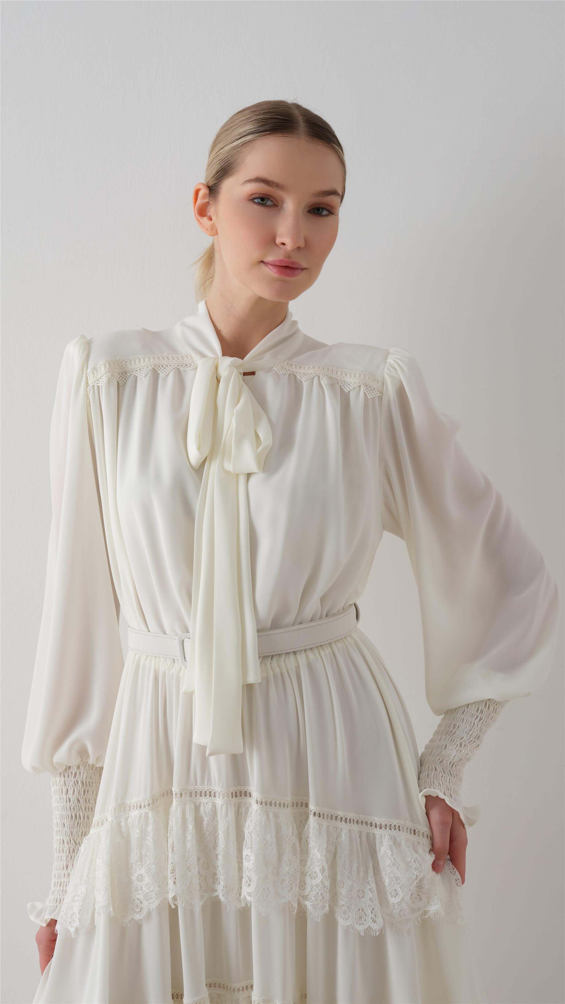LONG DRESS WITH TIERED GATHERED SKIRT Ecru