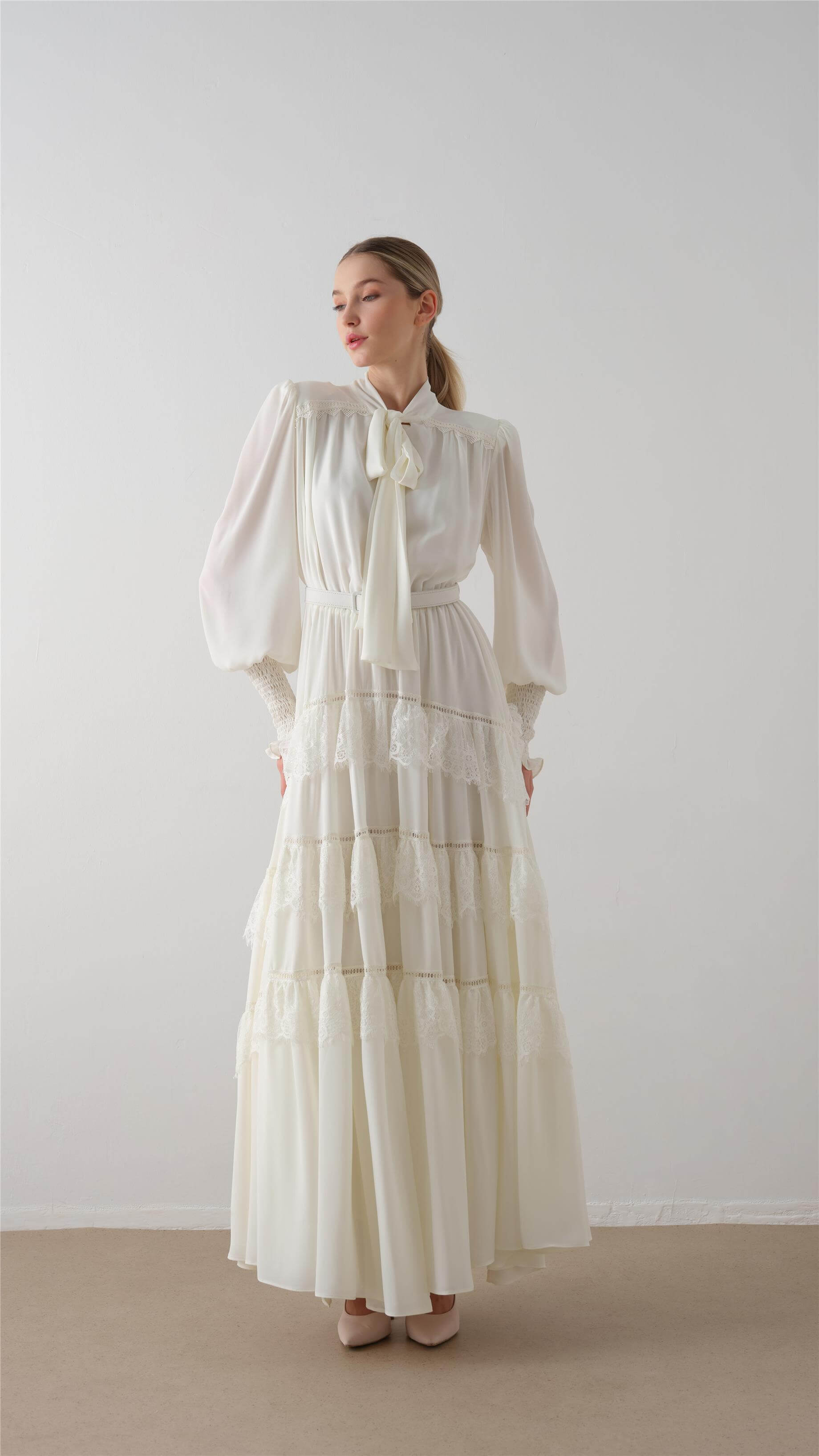 LONG DRESS WITH TIERED GATHERED SKIRT Ecru